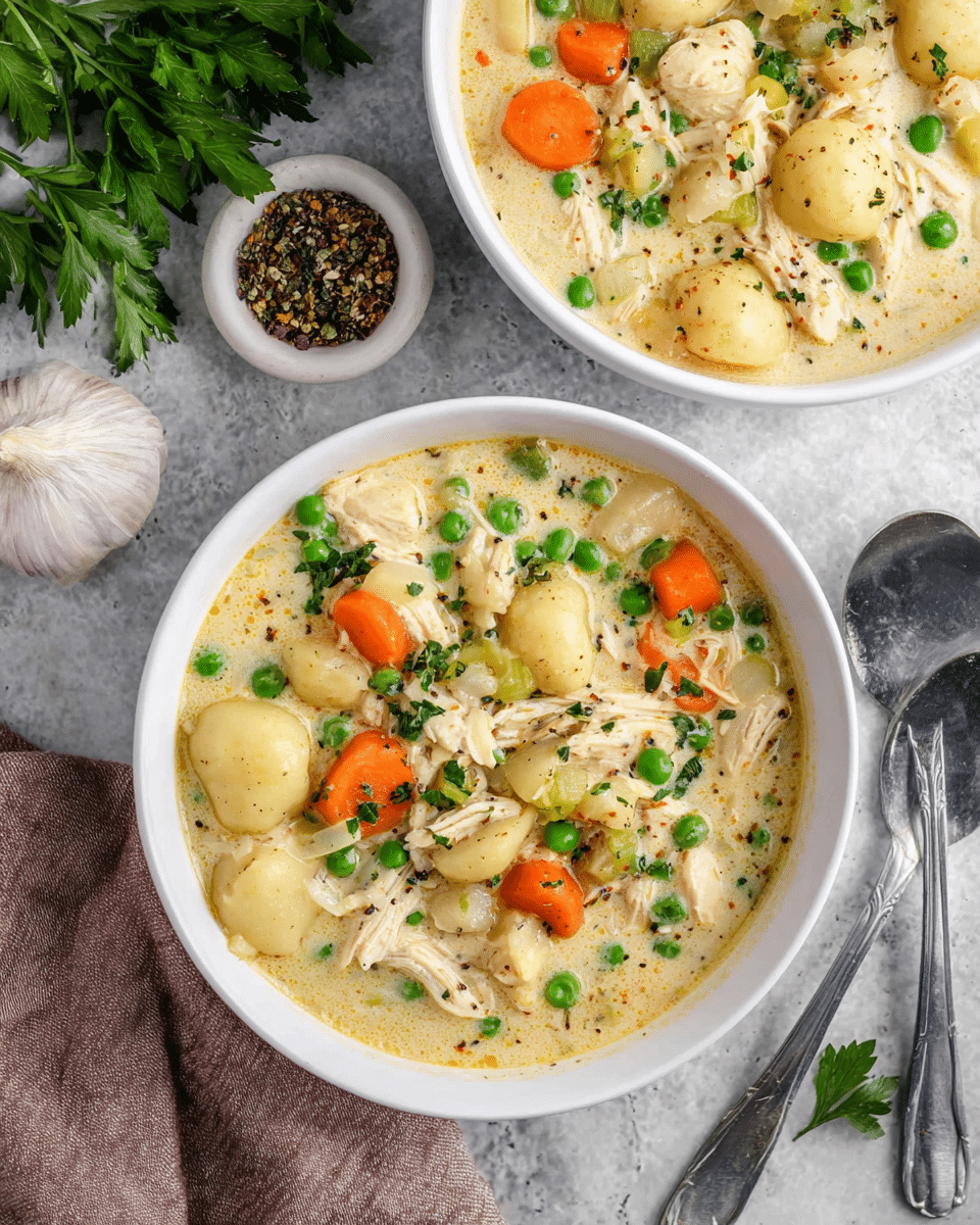 Two white bowls filled with a creamy chicken and vegetable soup, each showing pieces of shredded chicken, bright orange carrot slices, green peas, and gnocchi floating in the thick light yellow broth, all lightly sprinkled with black pepper. The bowls sit on a white marbled surface with a full bulb of garlic and some loose gnocchi to the right, a silver spoon below the bottom bowl, and fresh parsley partly visible in the lower right corner. A beige knitted cloth is seen in the upper right background. photo taken with an iphone --ar 4:5 --v 7