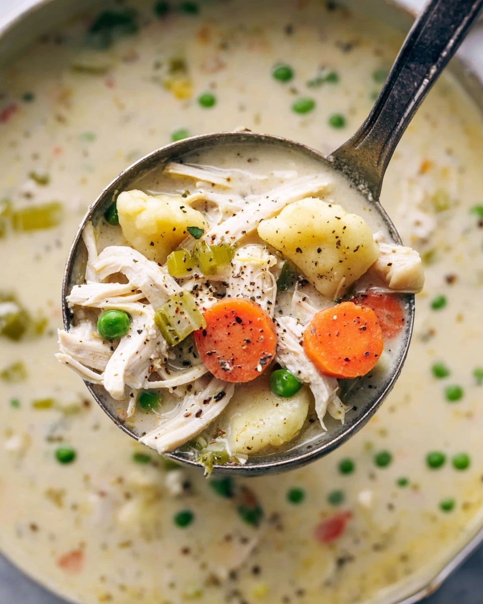 A close-up of a metal ladle filled with creamy soup showing three main layers: at the bottom, creamy light beige broth with visible black pepper; the middle layer has sliced orange carrots, green peas, and small pieces of light green celery; on top are shredded white chicken strips and small yellowish dumplings, all sprinkled with black pepper. The background shows more creamy soup with scattered green peas across a white marbled texture. photo taken with an iphone --ar 4:5 --v 7