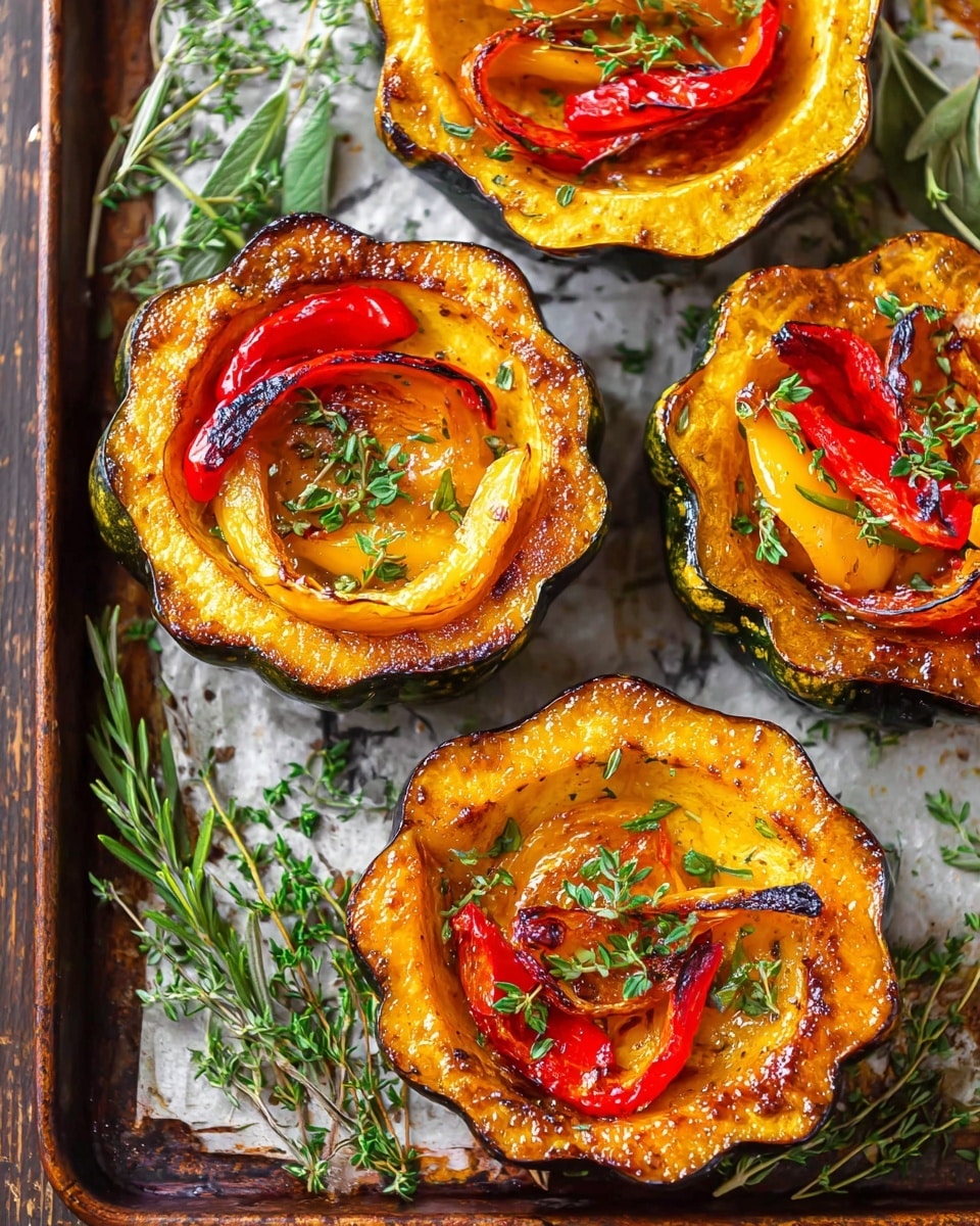 The image shows four roasted acorn squash halves arranged on a baking tray with a white marbled texture. Each squash half has a scalloped edge and is golden brown with a caramelized surface covered in a shiny glaze. Inside each squash, there are several slices of red and yellow bell peppers layered in the center, with the peppers showing a mix of glossy, roasted textures and slightly charred edges. Fresh green herbs are sprinkled over both the squash and peppers, adding a touch of bright color. The tray is garnished with sprigs of rosemary and thyme. Photo taken with an iphone --ar 4:5 --v 7