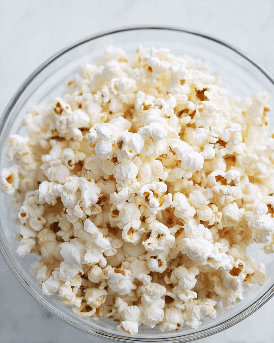 A clear glass bowl filled with a large pile of freshly popped popcorn. The popcorn is white with light golden brown spots where the kernels have popped. The overall texture looks light and fluffy with each piece showing its unique puffed shape. The bowl sits on a white marbled surface, with no other items around, and the focus is closely on the popcorn's details. photo taken with an iphone --ar 4:5 --v 7
