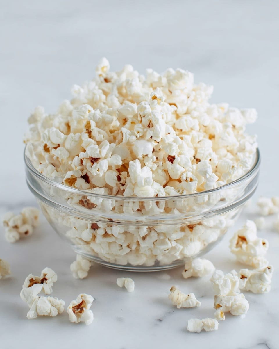 A clear glass bowl filled to the top with fluffy white popcorn that has small brown spots showing some of the kernels, with a few popcorn pieces scattered around the bowl on a white marbled surface. The popcorn has a light and airy texture with uneven shapes all piled high inside the bowl. Photo taken with an iphone --ar 4:5 --v 7