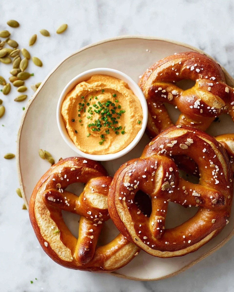 The image shows a white plate with four golden brown soft pretzels on it. Two of the pretzels have coarse salt sprinkled on top, while the other two do not. In the center of the plate, there is a small white bowl filled with creamy orange dip topped with small chopped green chives. The plate is placed on a white marbled surface with some pumpkin seeds scattered near the top left corner. The pretzels have a shiny and slightly crusty texture, with visible lines from baking, and the dip looks smooth and thick. Photo taken with an iphone --ar 4:5 --v 7