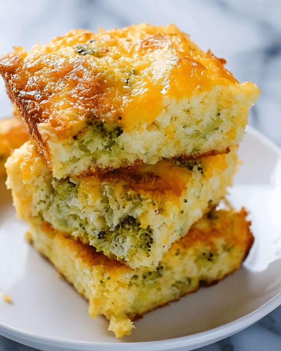 A stack of three square pieces of cheesy broccoli casserole is shown on a white plate. The dish has a golden brown, slightly crispy top layer made of melted cheese with a shiny texture. Below the top, the casserole has a light yellow, moist, and fluffy middle layer with visible small green broccoli bits spread throughout, giving a mix of soft and chunky textures. The edges are slightly browned and crisp, adding a contrast to the soft interior. The plate rests on a white marbled surface, enhancing the colors of the dish. Photo taken with an iphone --ar 4:5 --v 7