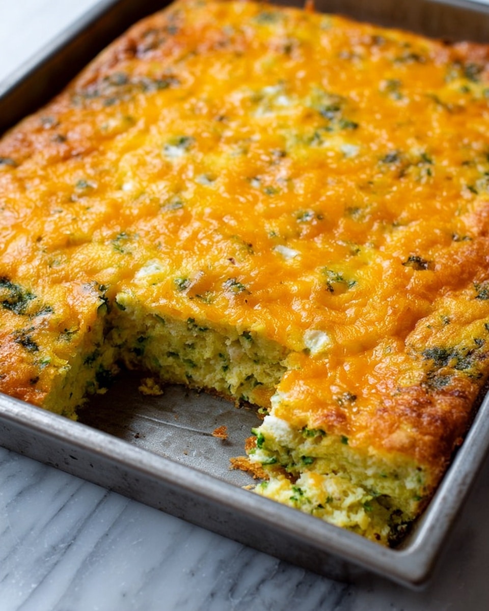 The image shows a golden yellow baked casserole in a metal pan, with a slightly crispy top layer of melted cheese that has a speckled pattern of melted orange and lighter yellow. Underneath the cheese, there is a thick layer of light green and yellow mixture with small bits of green herbs or vegetables evenly spread throughout. One corner piece is missing, revealing a soft, moist, and textured interior with visible small white bits, possibly onions or cheese chunks. The pan is placed on a surface with a white marbled texture. photo taken with an iphone --ar 4:5 --v 7
