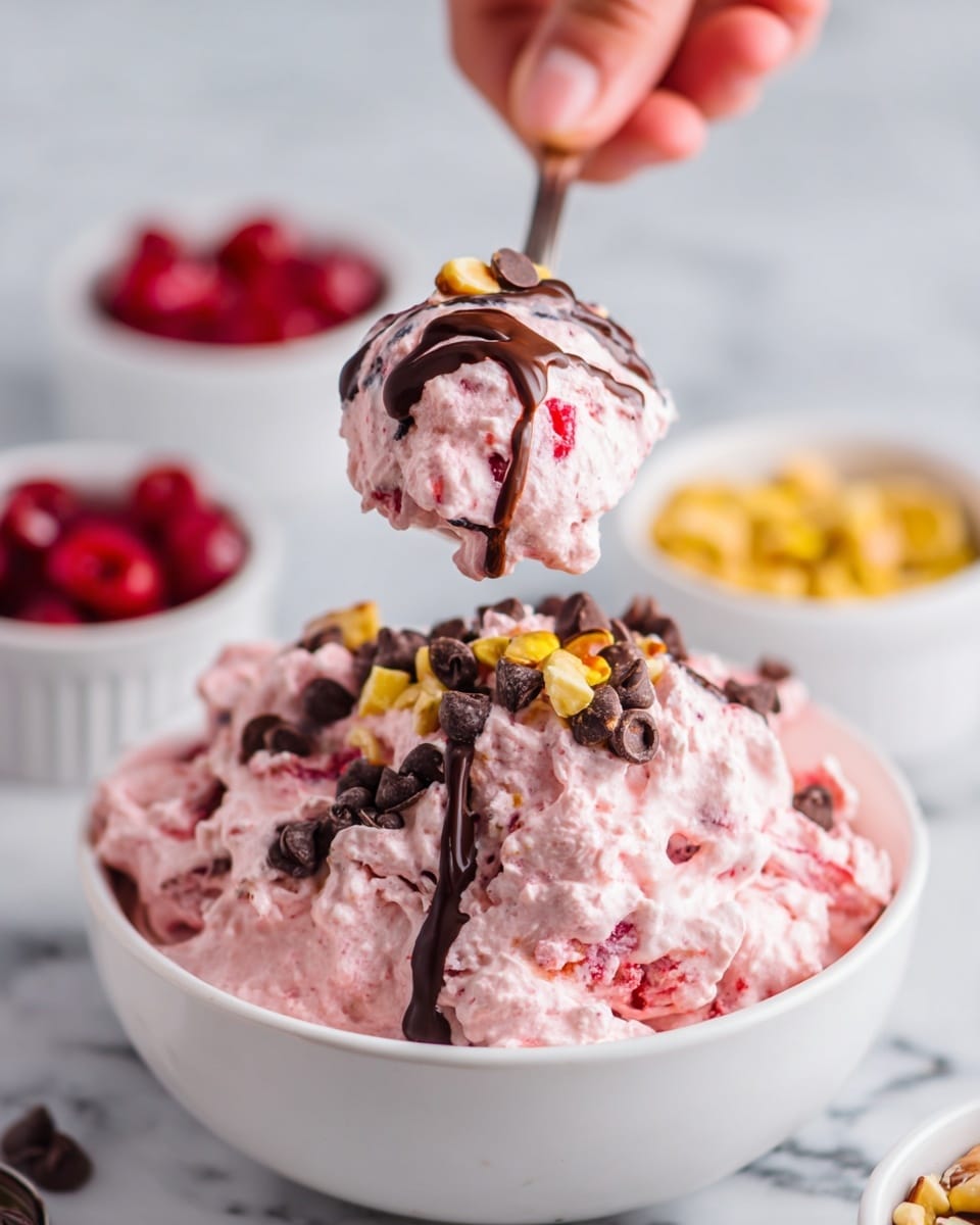 A close-up of a white bowl filled with a creamy pink mixture that has a thick, fluffy texture. The mixture contains visible red cherries, light yellow chunks, and is topped with small dark brown chocolate chips and small pieces of light brown nuts, with a drizzle of dark chocolate sauce on top. A spoon holding a scoop of this mixture is lifted above the bowl, held by a woman's hand. In the background, there are three small white bowls containing red cherries, chocolate chips, and chopped nuts against a white marbled surface. Photo taken with an iphone --ar 4:5 --v 7