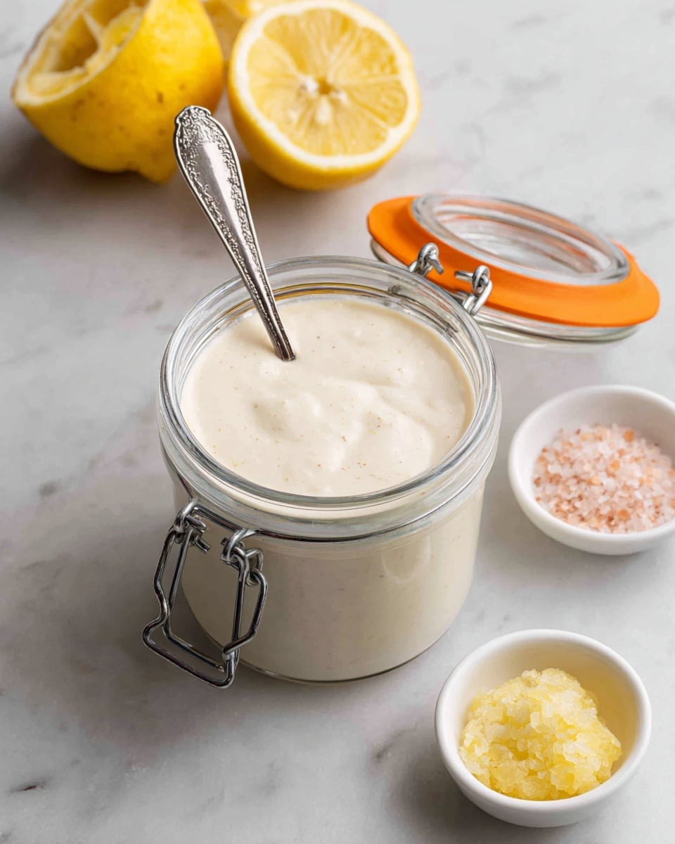 A glass jar with a metal clasp is filled to the top with smooth, creamy, pale off-white sauce having a few tiny bubbles on the surface. A small ornate silver spoon is placed inside the jar. Behind the jar, two lemon halves with bright yellow rinds and juicy interiors rest on a white marbled surface. Next to the jar on the right, there are two small white dishes; one contains light pink salt crystals and the other has a small portion of light yellow mustard. The jar's open lid with an orange rim lies behind the jar on the surface. Photo taken with an iphone --ar 4:5 --v 7