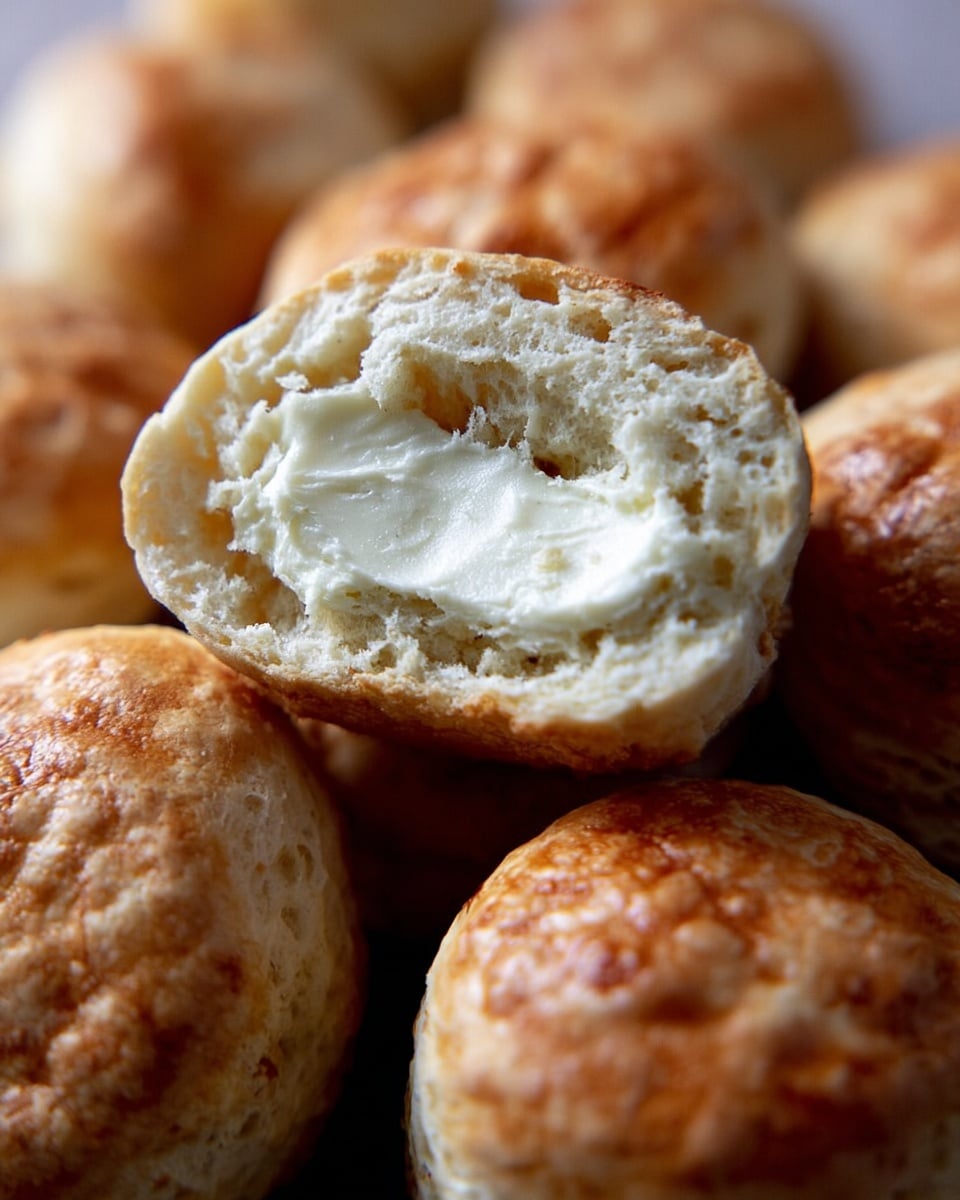 The image shows several round biscuits with a golden-brown top and a soft, airy inside. One biscuit is split open and positioned in the center, showing a creamy white butter spread over its light, fluffy interior. The biscuits have a textured surface with light browning on the edges. The background is a close-up view of more biscuits, all with a warm, inviting glow on a white marbled texture. photo taken with an iphone --ar 4:5 --v 7