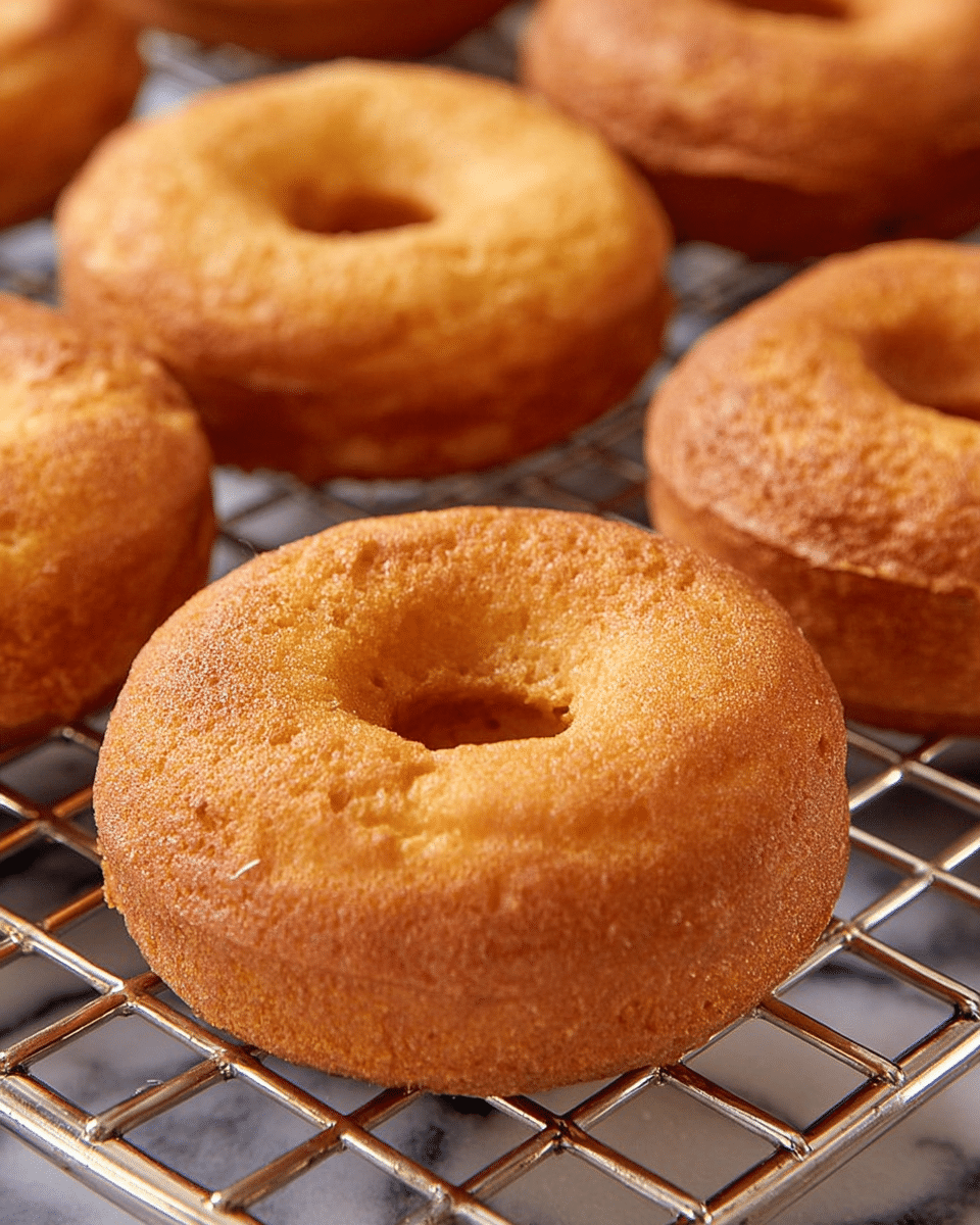 The image shows a close-up view of a group of golden-brown donuts resting on a metal cooling rack. Each donut has a smooth, slightly rough texture with small cracks on the surface, indicating a crispy outside. The donuts are thick with a uniform round shape and a hole in the center. The metal rack has a shiny silver color and a grid pattern that contrasts with the warm tones of the donuts. The background features a white marbled texture that adds brightness to the scene. photo taken with an iphone --ar 4:5 --v 7