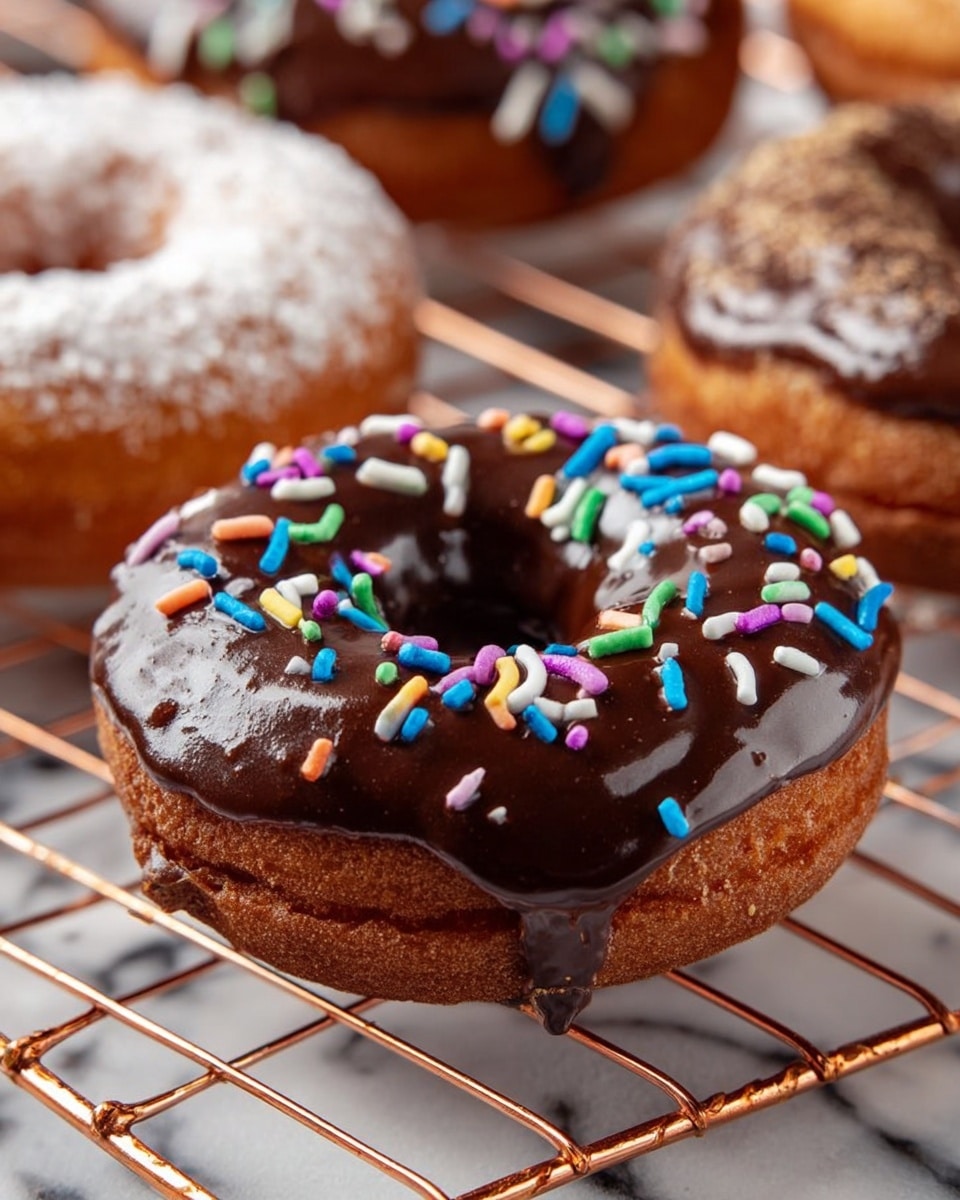 The image shows a close-up of a chocolate-glazed donut with colorful sprinkles on top. The donut has one main layer: a light brown fried dough base covered by a thick, shiny dark brown chocolate glaze that slightly drips down the sides. Brightly colored, thin cylindrical sprinkles in blue, pink, white, yellow, green, purple, red, and orange are scattered unevenly on the glaze. The donut sits on a copper wire cooling rack with other donuts visible in the background, all placed on a white marbled surface. photo taken with an iphone --ar 4:5 --v 7