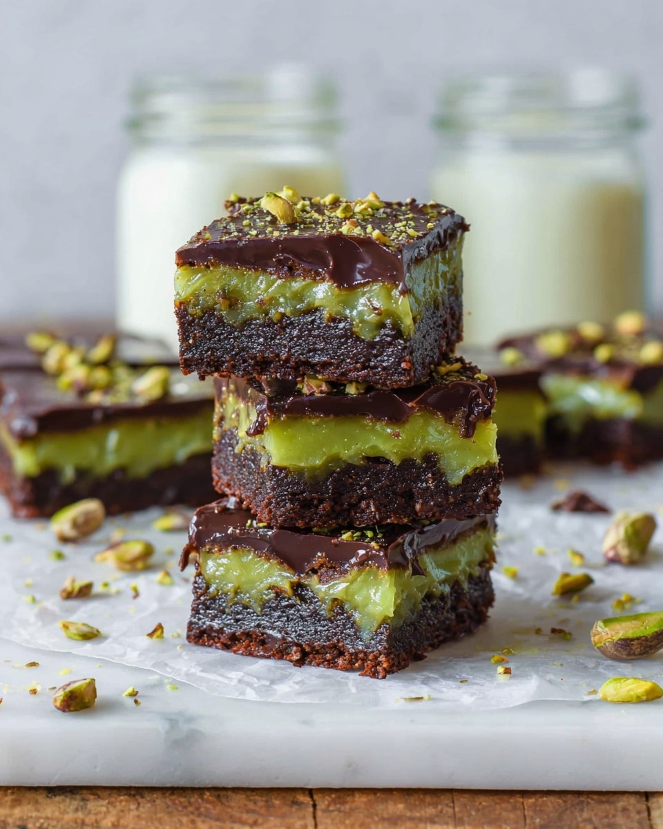 This image shows three layered dessert bars stacked on a white marbled surface with scattered pistachio pieces. Each bar has a bottom layer of dense, dark brown cake-like texture. The middle layer is thick, gooey, and bright green, oozing slightly over the edges, suggesting a creamy filling. The top layer is a smooth and glossy dark chocolate coating with a few crushed pistachio bits sprinkled on top. Behind the stack, two glass jars with white liquid and more bars are softly blurred. The photo was taken with an iphone --ar 4:5 --v 7
