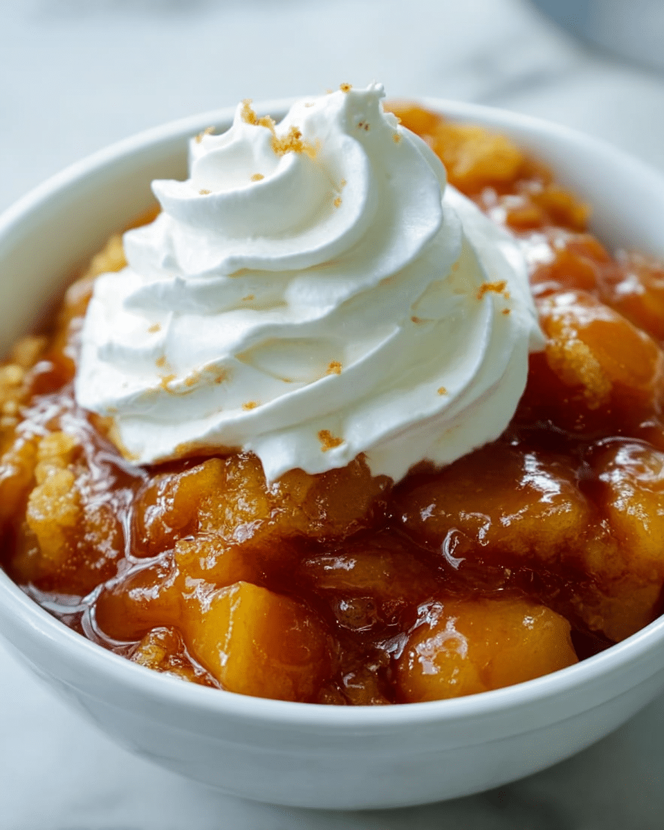 A close-up of a white bowl filled with a warm dessert consisting of soft, golden-brown baked fruit pieces mixed with a thick, shiny caramel sauce that oozes over the edges. On top, there is a swirl of smooth, white whipped cream that contrasts with the rich caramel and the textured fruit base. The bowl sits on a white marbled surface, showing a cozy and inviting treat. photo taken with an iphone --ar 4:5 --v 7
