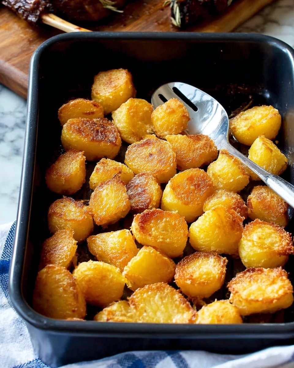 A black baking pan filled with golden brown roasted potato pieces, each piece showing a crispy outer layer with a slightly rough texture. The potatoes vary in shape but are mostly small rounds and chunks, evenly browned on their flat and curved surfaces. A silver spatula rests among the potatoes in the pan, ready to scoop. The background includes a white and blue striped cloth on a white marbled surface, with part of a roasted meat bone slightly out of focus in the upper left corner. photo taken with an iphone --ar 4:5 --v 7