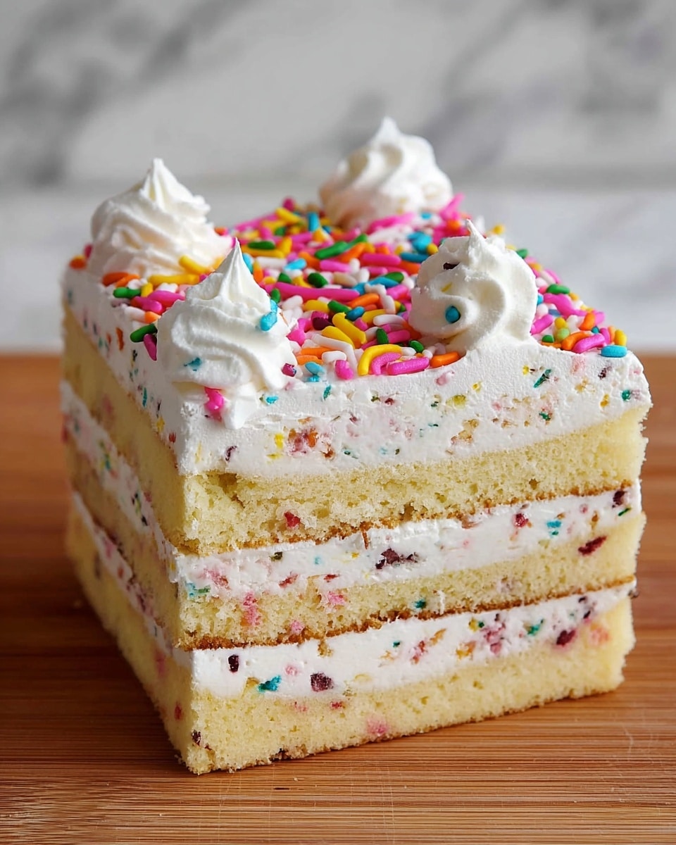 A three-layer square cake with light yellow sponge layers alternated with white cream layers that have small colorful sprinkles inside; the top layer is covered with thick white whipped cream, decorated with a mix of bright, long, multicolored sprinkles in pink, yellow, orange, green, and red, with dollops of whipped cream adding texture on the top surface. The cake is set on a light brown wooden surface with a white marbled background. photo taken with an iphone --ar 4:5 --v 7