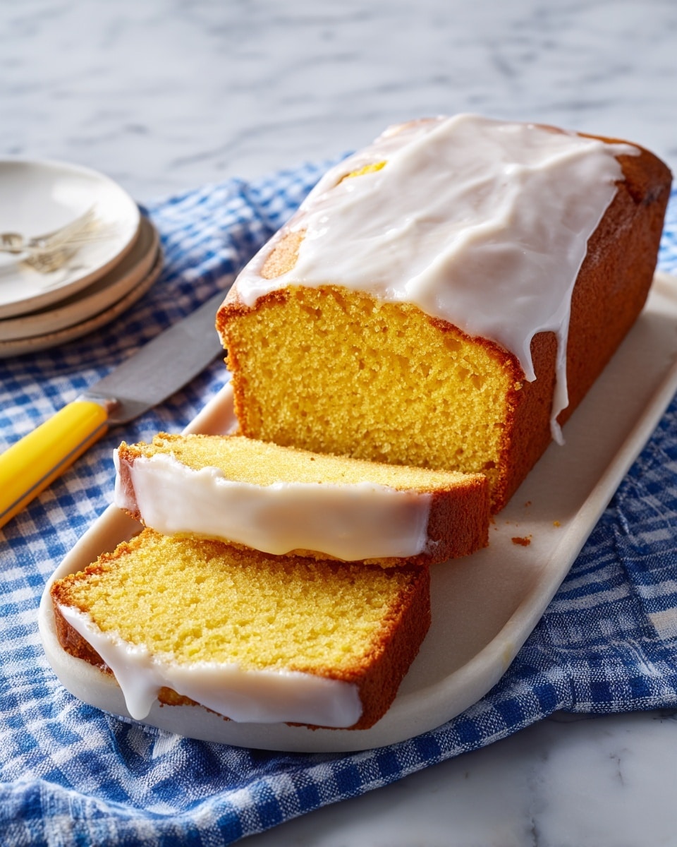 A loaf cake is sliced on a white rectangular plate set on a blue and white checkered cloth over a white marbled surface. The cake has a golden yellow inside with a slightly darker brown crust. It is covered with a thick white icing on top and along the sides. Three slices are cut from the loaf and laid in front, showing the smooth, moist texture of the cake. A knife with a sharp silver blade and a yellow handle lies beside the cake. Photo taken with an iphone --ar 4:5 --v 7