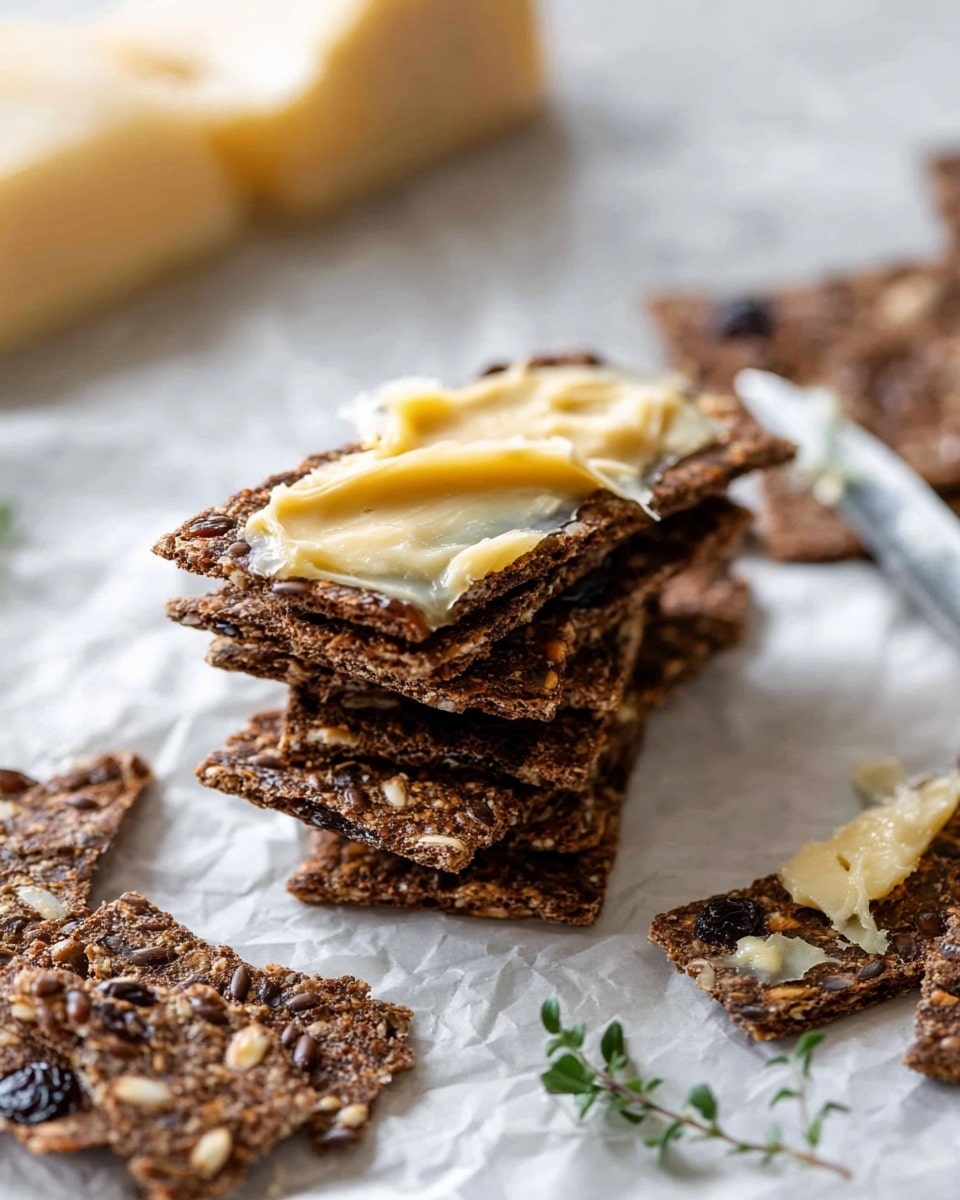A stack of four rectangular dark brown crispy crackers with visible seeds and dried fruit pieces sits on a white marbled surface covered partly with white parchment paper. On the top cracker, there is a smooth, melting pale yellow cheese spread with a creamy texture, slightly dripping over the edges. To the left, a broken piece of cracker is visible close by, and behind the stack, there are more individual crackers and slices arranged casually. A small fresh green herb sprig rests near the bottom edge of the photo, and a knife with more melted cheese on its blade can be seen blurred in the background. photo taken with an iphone --ar 4:5 --v 7