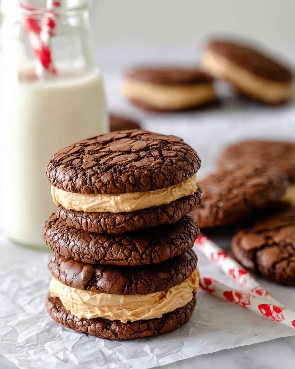 A stack of three sandwich cookies made of cracked, dark brown chocolate layers with a thick, creamy light beige filling between each cookie. The cookies have a slightly rough, cracked texture on top and a smooth spread of filling visible along the edges. In the background, there are multiple similar sandwich cookies lying on a white marbled surface and a clear glass bottle filled with milk and a red and white striped straw on the left side. The scene has soft natural light and a clean, simple white marbled texture as background. photo taken with an iphone --ar 4:5 --v 7