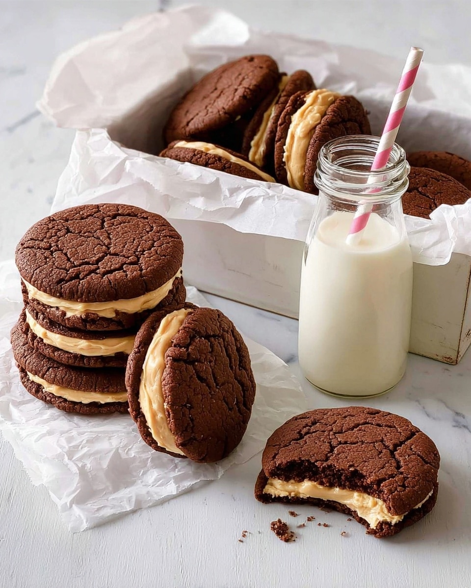 The image shows several chocolate sandwich cookies with a visible creamy filling. Each cookie sandwich has two dark brown, cracked textured cookie layers with a thick, light tan creamy layer in between, creating two main layers. Some cookies are stacked on white parchment paper, while others are neatly placed in a white paper-lined box to the side. One cookie is broken in half on the table, showing the creamy center clearly. A glass bottle of milk with a pink-striped straw is placed near the cookies on a white marbled surface. The overall look is simple, cozy, and fresh. photo taken with an iphone --ar 4:5 --v 7