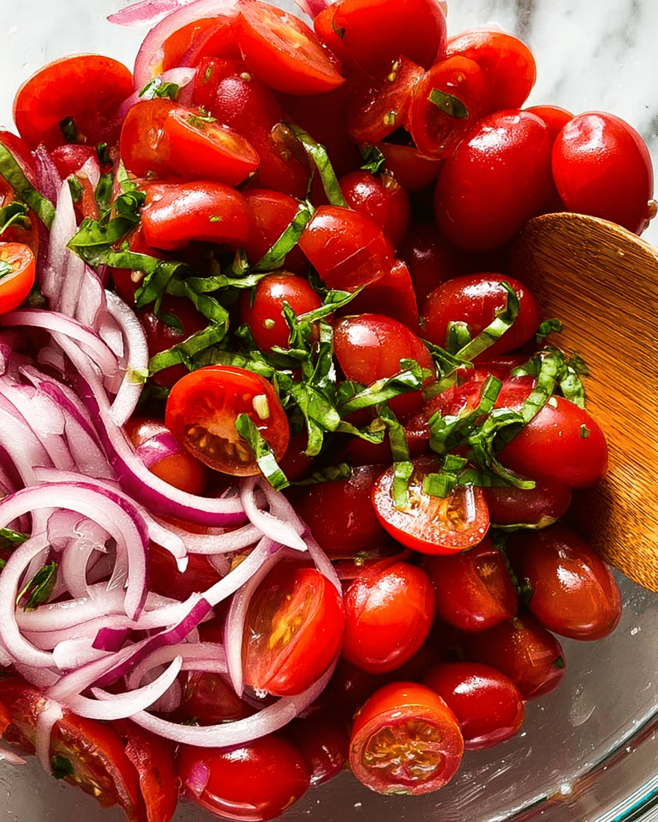 A close-up view of a fresh salad with three main layers: the base is bright red cherry tomatoes sliced in half with shiny, juicy textures; the middle layer is thin, translucent rings of purple-red onion scattered evenly; the top layer shows thin strips of fresh green basil leaves sprinkled throughout, adding a touch of brightness and texture. A wooden spoon is slightly visible on the right side, partially mixing the layers. The whole dish is placed on a white marbled surface. photo taken with an iphone --ar 4:5 --v 7