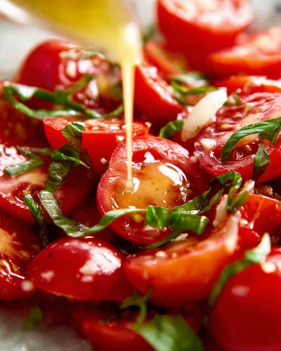 A close-up of a fresh tomato salad with many bright red, juicy tomato halves layered closely together, topped with thin strips of fresh green basil scattered on top, while a pale yellow liquid dressing is being poured over the tomatoes from above, creating a glossy, wet texture on the tomatoes' surface, all set against a white marbled texture background. photo taken with an iphone --ar 4:5 --v 7