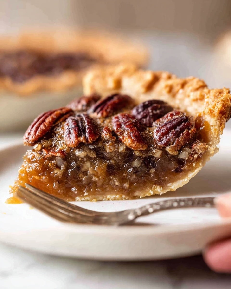 A slice of pecan pie is shown on a white plate with a white marbled texture surface below. The pie slice has three main layers: a bottom golden-brown flaky crust, a middle gooey caramel-colored filling with visible bits of pecan and a top layer of whole dark brown pecan halves that are shiny and slightly textured. In the background, there is a blurred silver fork, and a woman's hand is holding the plate from the side. The lighting is soft and warm, highlighting the glossy texture of the pecans and the gooey filling. photo taken with an iphone --ar 4:5 --v 7
