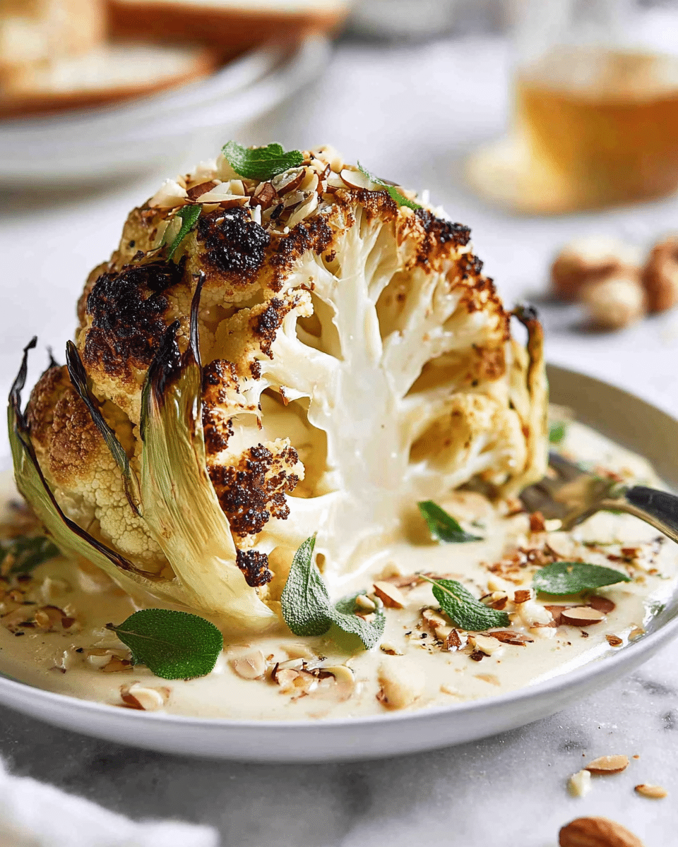 A large piece of roasted cauliflower sits at the center of a round white plate, its outer edges slightly charred to deep brown and black, curling away to reveal tender, golden cream-colored florets inside. The cauliflower is placed on a creamy sauce that pools around the base, dotted lightly with chopped almonds for texture. Small green leaves are scattered around and on top of the cauliflower, adding fresh color contrast. The background shows a soft-focused white marbled surface with some nuts scattered nearby and a blurred, partially visible bread piece in the distance. photo taken with an iphone --ar 4:5 --v 7