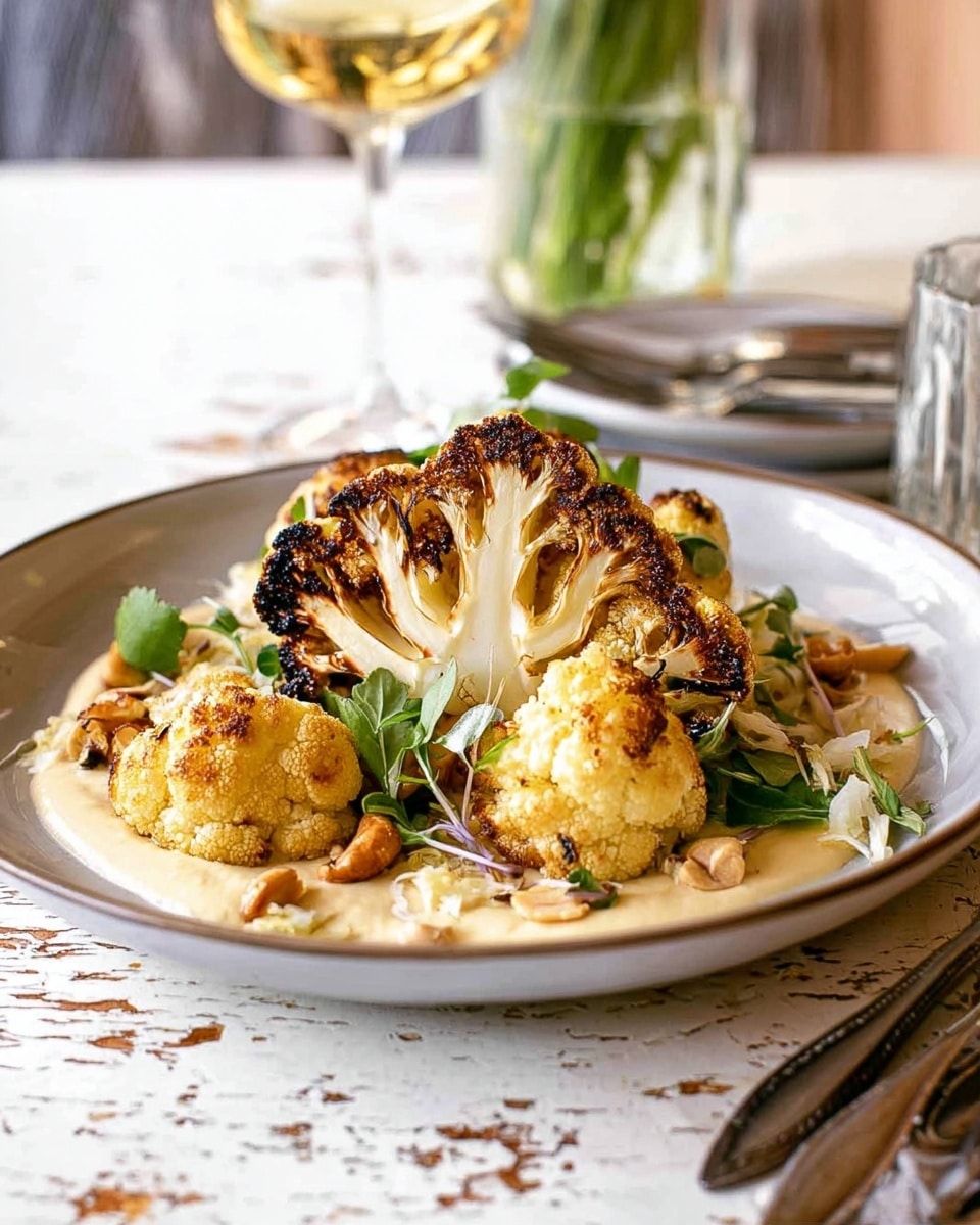 The dish shows several roasted cauliflower pieces, some large and some small, with a charred, golden brown surface and light white sections inside, arranged in the center of a round white plate. The cauliflower is placed on a creamy beige sauce that partially covers the plate's bottom. Scattered around the cauliflower are small chunks of light brown nuts and green leaves, adding texture and color contrast. The plate rests on a rustic white marbled surface, with a blurred background including a glass of light yellow wine and metal cutlery to the right. Photo taken with an iphone --ar 4:5 --v 7