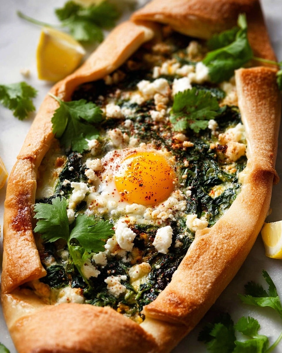 Two types of Turkish pide served on white parchment paper inside a deep white dish, placed on a white marbled surface. The first pide is boat-shaped with a golden-brown crust, filled with a dark green layer of cooked spinach mixed with white crumbled cheese scattered throughout, topped with a bright orange egg yolk in the center, sprinkled with black seasoning. The second pide has a similar golden crust, filled with a reddish-brown minced meat mixture, also sprinkled with white crumbled cheese, and folded edges. Fresh green parsley is scattered around both pides, and a lemon wedge cut into segments is placed in the dish. The warm light enhances the textures and colors: crisp crust, creamy cheese, and fresh herbs. photo taken with an iphone --ar 4:5 --v 7