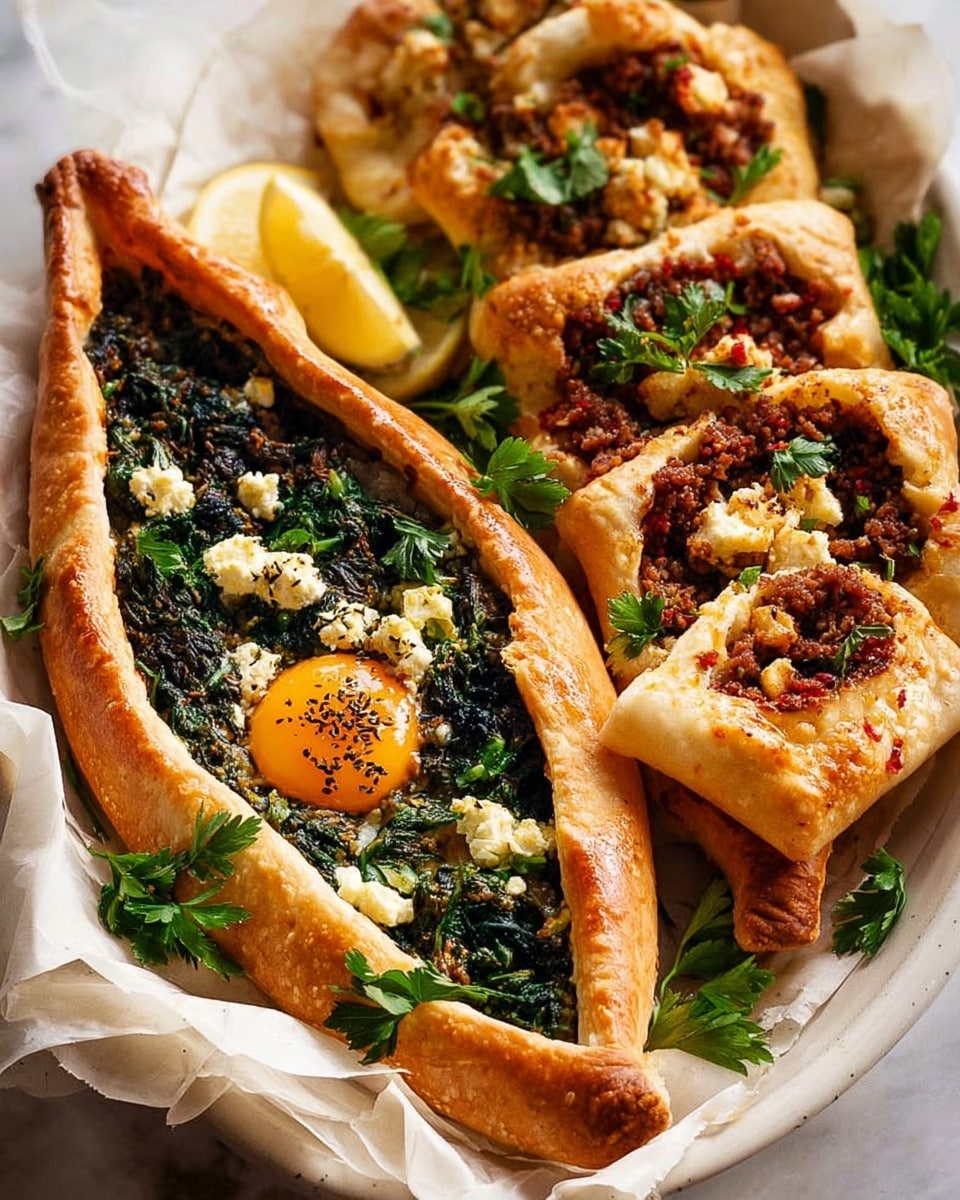 A white oval-shaped flatbread with golden-brown, thick and soft crust folded inward on all sides holds a creamy layer topped with cooked dark green spinach spread evenly inside. On top of the spinach, there are small white cheese crumbles scattered around, and a bright sunny yellow egg yolk sits in the center, slightly shiny with a sprinkle of dark seasoning. Fresh green leaves of cilantro are placed around the edges, and partial white lemon wedges appear at the corners on a white marbled surface. photo taken with an iphone --ar 4:5 --v 7