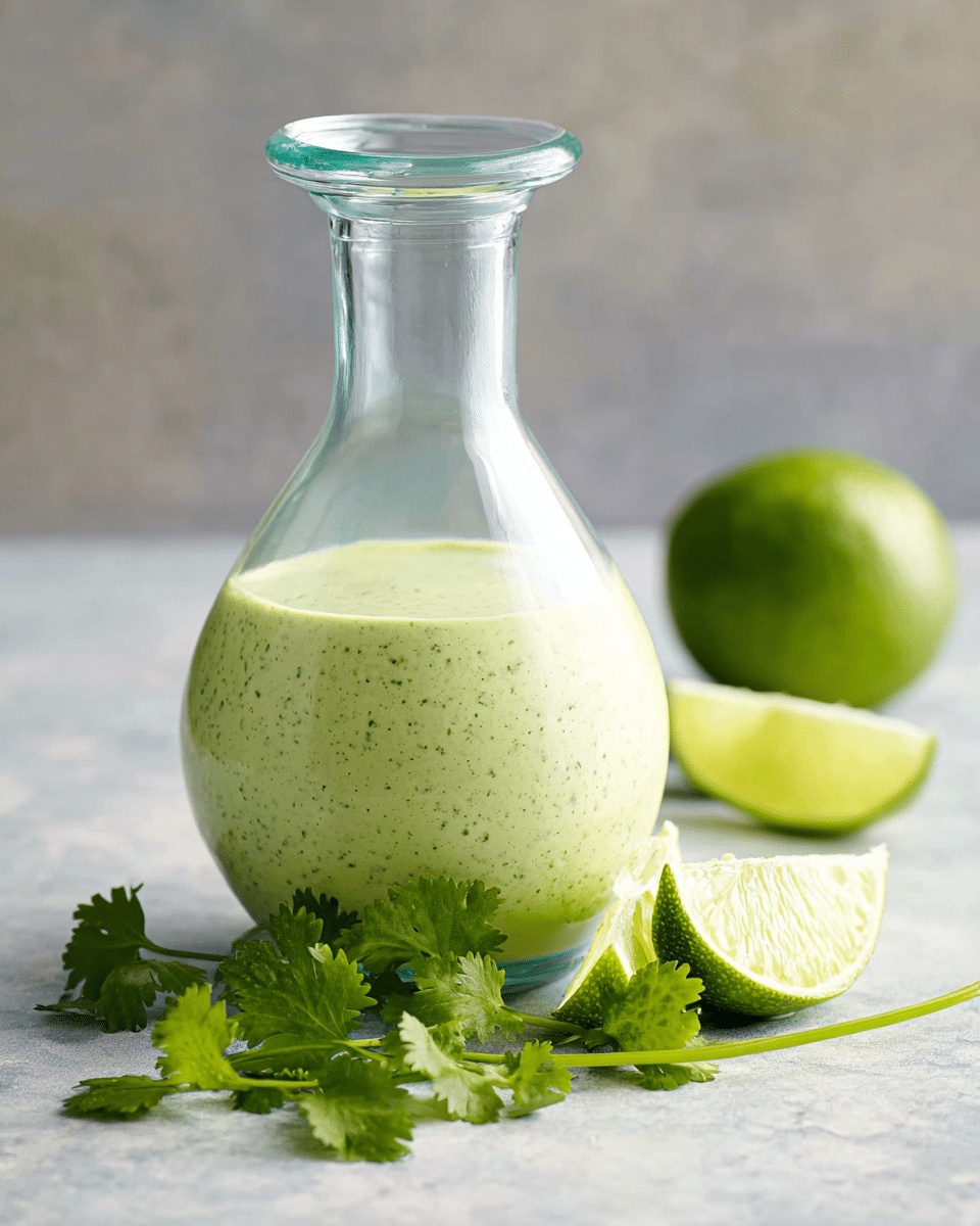 A clear glass pitcher with a round body and narrow neck is filled with light green creamy dressing, speckled with tiny darker green herbs throughout. Behind the pitcher, three lime pieces rest on a white marbled surface: one whole lime blurred in the back, and two bright green lime wedges placed near each other. In front of the pitcher lies a fresh cilantro sprig with several green leaves spread out on the white marbled surface, adding a natural touch to the scene. The photo has soft natural light and a clean, simple look. photo taken with an iphone --ar 4:5 --v 7