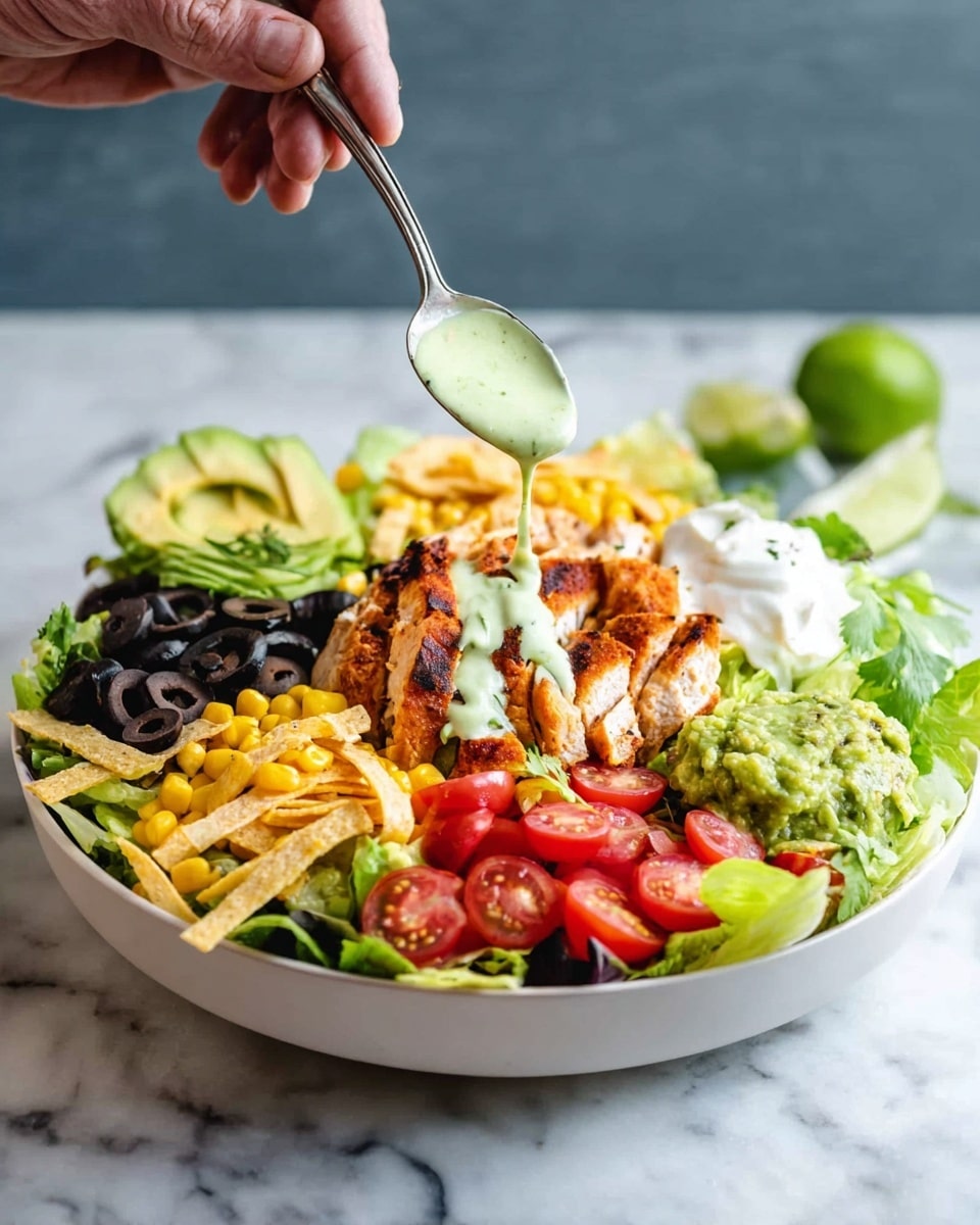 A white bowl filled with a colorful layered salad sits on a white marbled surface. At the base, there is a mix of green lettuce leaves creating a fresh foundation. On top, sections of bright yellow corn, black beans, red cherry tomatoes, sliced black olives, and green avocado slices are arranged around the bowl's edges. In the center, there are golden brown grilled chicken pieces with a slightly charred texture. A dollop of white sour cream sits on the right side of the bowl, while a small serving of green guacamole sits on the left near fresh cilantro. Thin crispy tortilla strips and lime wedges are placed at the front. A woman's hand holds a spoon above the grilled chicken, pouring creamy light green dressing over it. Photo taken with an iphone --ar 4:5 --v 7
