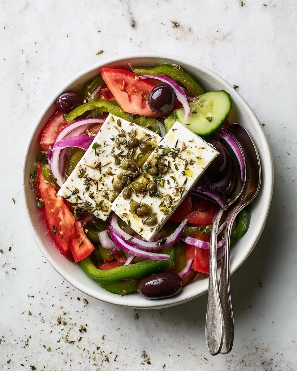 A bowl with a fresh salad is shown from above, placed on a white marbled surface with some herbs scattered around. The salad has several layers, starting with thick slices of red tomato and light green cucumber at the bottom. On top of these are green bell pepper rings and thin purple onion slices mixed with dark purple olives. Two thick rectangular pieces of white feta cheese are placed in the center, sprinkled with small green capers and dried herbs. Two shiny silver spoons rest inside the bowl, leaning on its edge. The bowl itself is white with a smooth texture. photo taken with an iphone --ar 4:5 --v 7