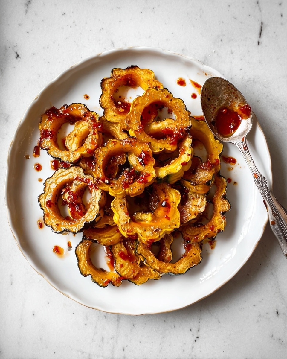 A white plate holds a pile of roasted delicata squash rings, each with a golden-brown color and slightly caramelized edges. The rings are drizzled with a red chili sauce that adds shiny, sticky spots over the vegetables. The plate sits on a white marbled surface, and to the right, a silver spoon rests with some of the red sauce left on it. The overall look is warm and inviting with a mix of soft textures and glossy sauce highlights. photo taken with an iphone --ar 4:5 --v 7