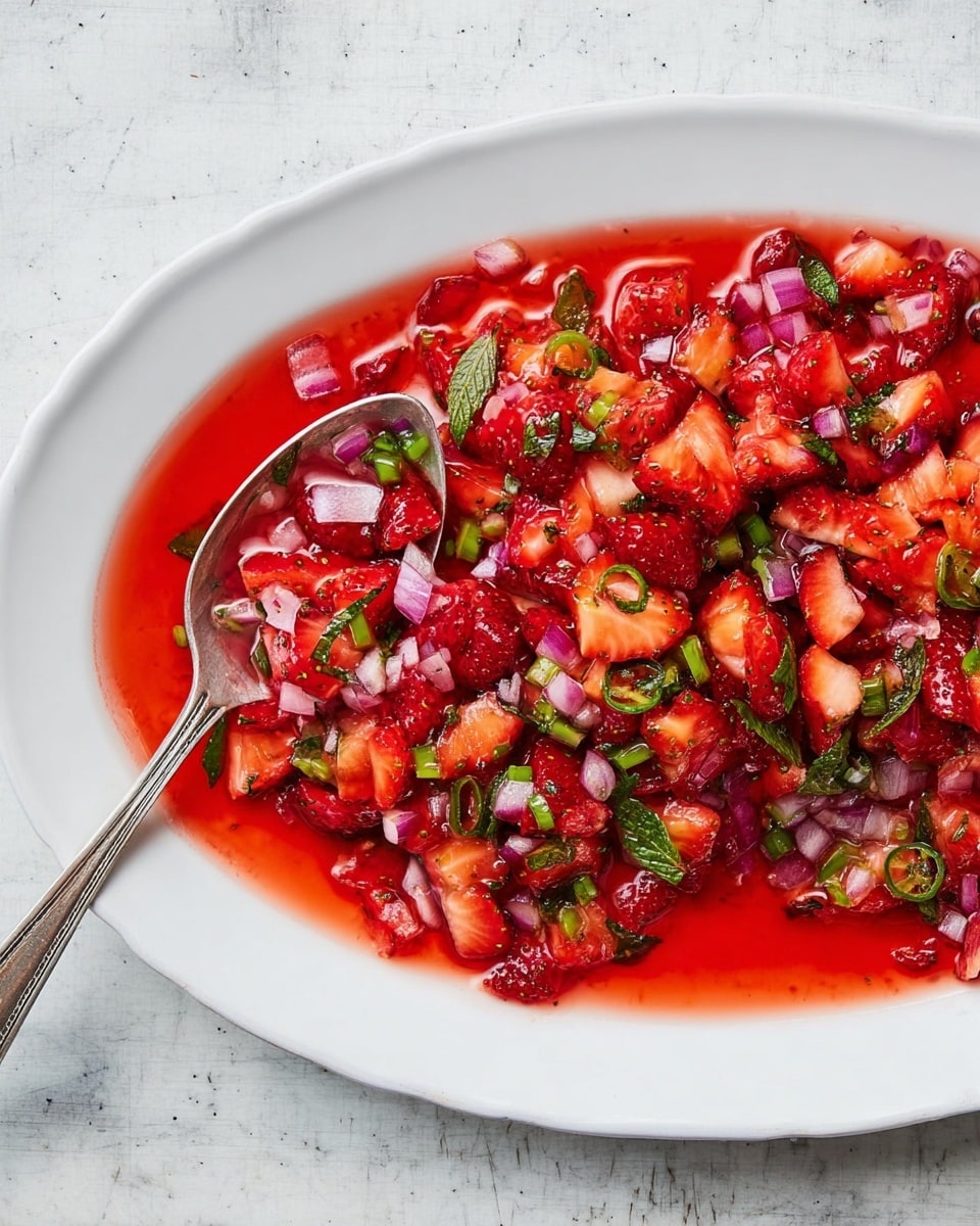 The image shows a white oval plate filled with a colorful mix of diced strawberries, small pieces of red onion, green herbs, and sliced green chili peppers. The fruit and vegetable bits are bathed in a bright red juice that pools around the ingredients. The strawberries appear juicy and fresh, with deep red tones, while the onions add a pale purple color and the herbs bring a touch of green. A silver spoon rests on the plate near the bottom left, partially covered by the mixture. The plate is set on a white marbled surface that adds a clean, bright background to the dish. photo taken with an iphone --ar 4:5 --v 7