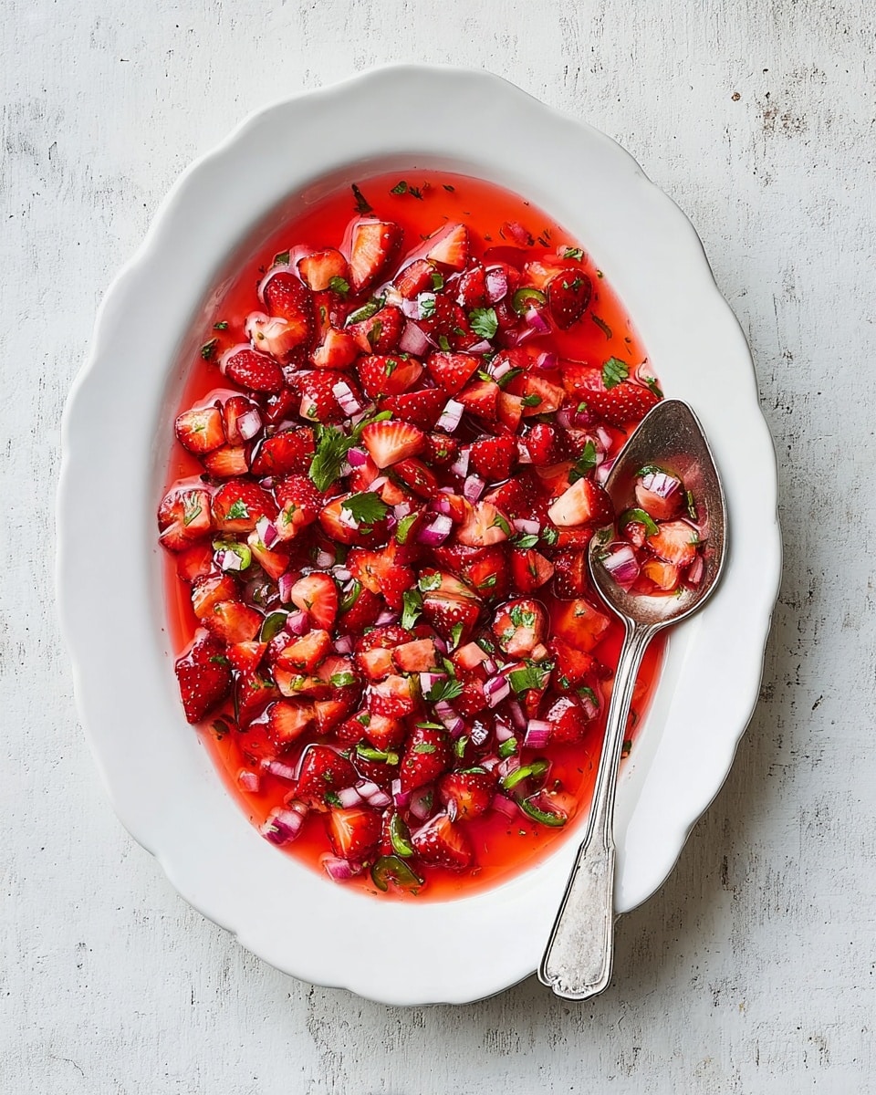 A white oval dish filled with a colorful mix of chopped strawberries, small pieces of red onion, green herbs, and sliced green chili, all soaked in a bright red juice that spreads evenly in the dish. The strawberry pieces are cut into small cubes, with some green cilantro leaves scattered throughout, and finely diced red onions adding texture. A silver spoon rests on the right side of the dish, partially covered with the mix, showing some juice and bits of the ingredients. The dish is placed on a white marbled textured surface. Photo taken with an iphone --ar 4:5 --v 7