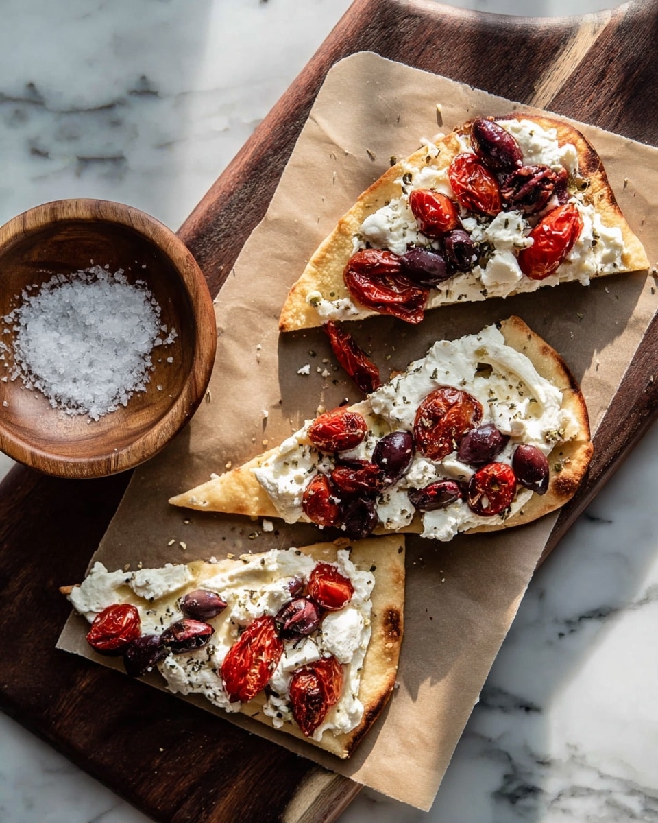 Four slices of flatbread pizza are arranged on a sheet of brown parchment paper atop a dark wooden board. Each slice has a golden brown crust that looks slightly crisp. The first layer is creamy white cheese spread unevenly. On top, there are roasted red tomatoes and dark purple olives scattered across the slices, with some pieces of white cheese on top as well. The texture of the toppings looks soft and slightly roasted. A small wooden bowl filled with coarse salt sits beside the board on a white marbled surface, adding a rustic touch to the scene. Photo taken with an iphone --ar 4:5 --v 7