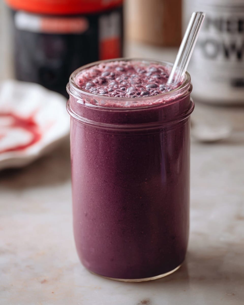 A tall clear glass jar filled with a thick purple smoothie that has a frothy, bubbly top layer. A clear glass straw is inserted into the smoothie near the jar's rim. The jar sits on a white marbled surface with blurred background elements, including a black and red bottle and a white dish with red stains, both out of focus. photo taken with an iphone --ar 4:5 --v 7