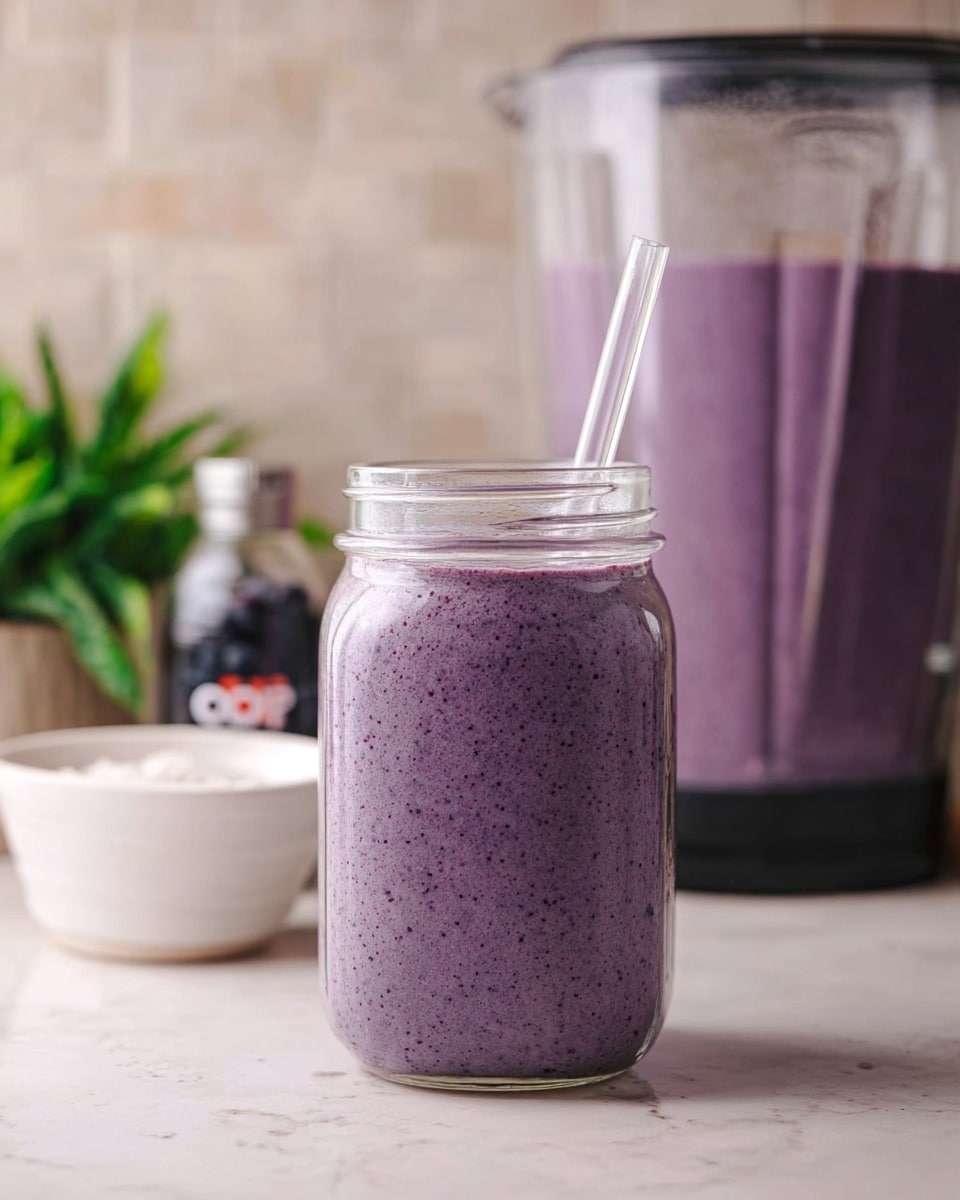 A clear glass jar filled with a smooth, thick purple smoothie with small dark specks throughout, topped with a transparent straw sticking out from the top; behind the jar is a blender container filled with the same purple mixture, and a small dark bottle next to a white bowl is slightly out of focus on a white marbled surface with a blurred light green plant in the background. photo taken with an iphone --ar 4:5 --v 7