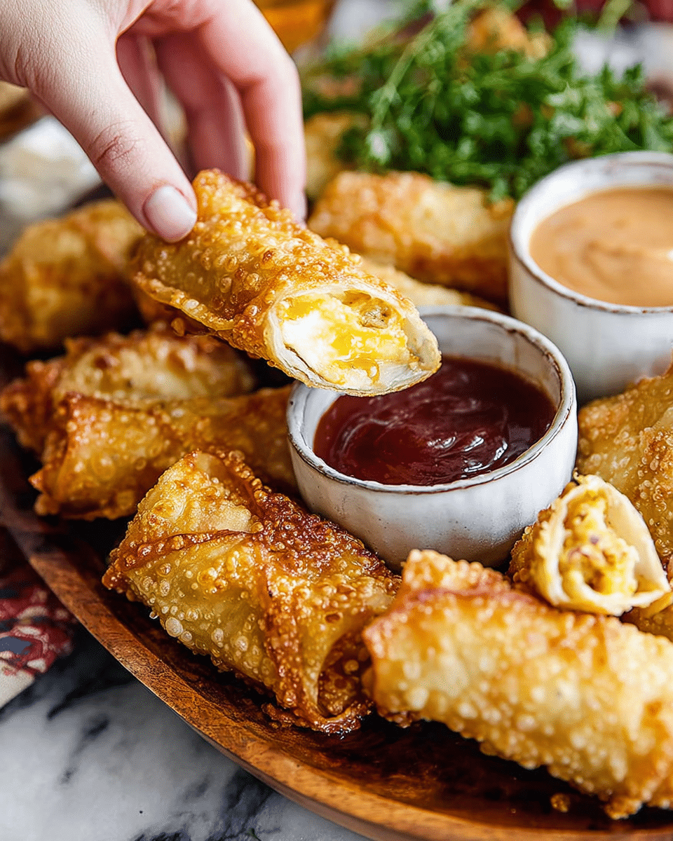 A wooden plate holds several golden-brown, crispy egg rolls with a textured, bubbly surface that looks crunchy. One egg roll is cut open, showing a creamy white and yellow filling inside. A woman's hand is lifting another egg roll, dipping it into a small white bowl filled with thick dark red sauce. Another white bowl with smooth light brown sauce sits nearby. The background has a blurred bunch of fresh green herbs and the whole scene is set on a white marbled texture. photo taken with an iphone --ar 4:5 --v 7