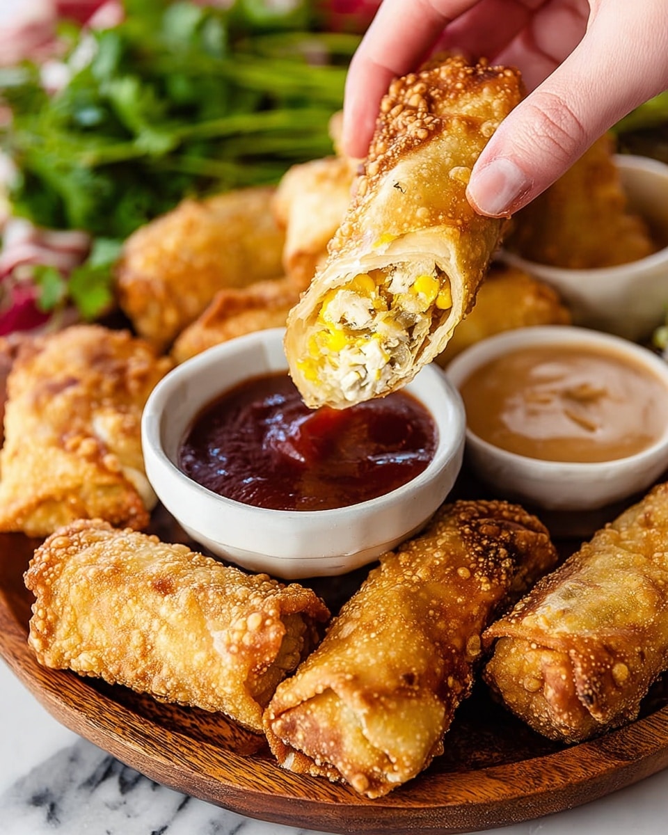 A woman's hand is holding a golden-brown fried egg roll, dipping it into a small white bowl filled with thick, dark red sauce. The egg roll has a crispy, bubbled texture on the outside, with visible layers of light yellow corn and creamy white filling inside. The wooden platter below holds several more egg rolls, some whole and some cut open to show their fillings, surrounded by another small white bowl filled with smooth, light brown sauce. The background includes a blurred bunch of fresh green herbs on a white marbled surface. photo taken with an iphone --ar 4:5 --v 7