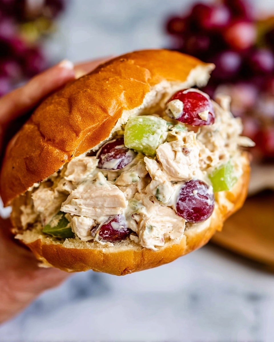 A close-up view of a sandwich held by a woman's hand, filled with a creamy chicken salad that includes visible chunks of white chicken meat, bright green celery pieces, and halved red grapes. The sandwich has a golden-brown, slightly glossy, soft bread roll that is partially torn to show the filling inside. In the background, there are blurred out grapes and a white marbled surface, creating a clean and simple setting. The chicken salad looks moist and chunky, with a mix of smooth and textured bits. photo taken with an iphone --ar 4:5 --v 7