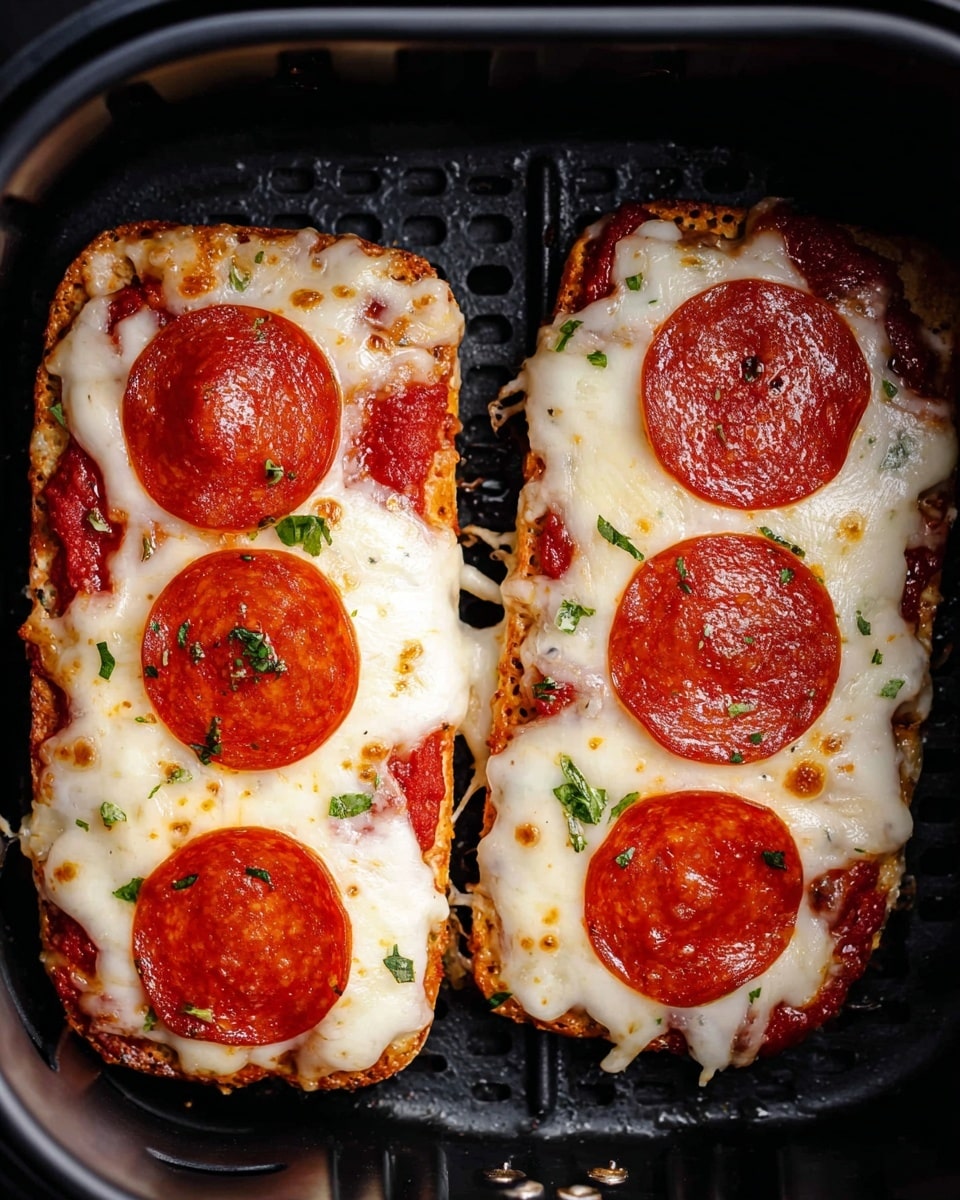 Two rectangular pieces of pizza sit side by side in a black air fryer basket. Each piece has three large, round, shiny pepperoni slices spread evenly on top of a thick, bubbly layer of melted white cheese. Underneath, a layer of red tomato sauce peeks through the cheese near the edges, all on a light golden, slightly crisp crust. Small green herb bits are sprinkled on the cheese and pepperoni, adding a fresh look. The air fryer basket’s black frame contrasts with the bright colors of the pizza. Photo taken with an iphone --ar 4:5 --v 7