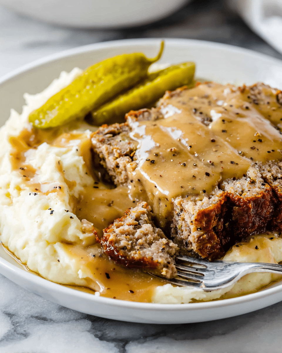 The image shows a white plate with three main layers: the bottom layer is creamy mashed potatoes with a smooth texture and light beige color, speckled with black pepper. On top of that lies a thick, juicy brown meatloaf sliced into thick pieces, covered with a generous pour of brown gravy that looks shiny and smooth, with visible black pepper flecks on top. To the side of the meatloaf and mashed potatoes, two green pickled peppers are placed, their skin shiny and slightly wrinkled. A silver fork is holding a bite of the meatloaf and mashed potatoes, pulling it slightly away from the plate. The dish sits on a white marbled surface. Photo taken with an iphone --ar 4:5 --v 7