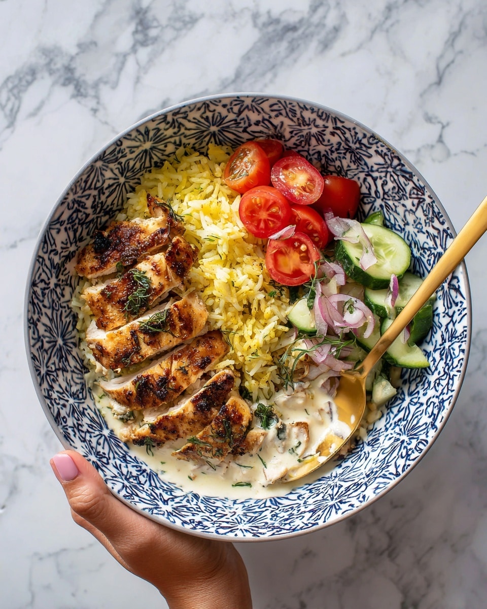 A white bowl with blue geometric patterns holds a layered dish consisting of creamy yellow rice at the bottom left, topped partially by white sauce that spreads outward, covering part of the rice. On the upper left, several pieces of grilled chicken with a golden brown crispy surface are neatly sliced and layered atop the rice and sauce. On the right side, a fresh salad of halved red cherry tomatoes, green cucumber pieces, and thin slices of red onion mixed with herbs provides a bright contrast. A gold spoon scoops some salad, and a woman's hand is visible holding the bowl from below, all set against a white marbled textured background. photo taken with an iphone --ar 4:5 --v 7