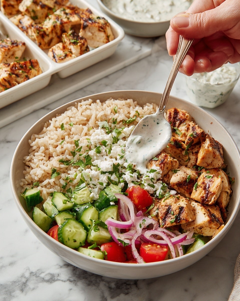 A white bowl contains a layered meal with three main parts: on the left, a thick layer of light brown rice with a soft texture; on the right, grilled chicken pieces that are golden brown with dark grill marks; on the bottom, a colorful salad of chopped cucumbers, cherry tomatoes, and thin slices of red onion mixed with green herbs. A woman's hand holds a spoon with creamy white sauce that is being placed on the salad. In the background, there are two white sectioned trays with similar food items and a white bowl with extra sauce, all placed on a white marbled surface. Photo taken with an iphone --ar 4:5 --v 7
