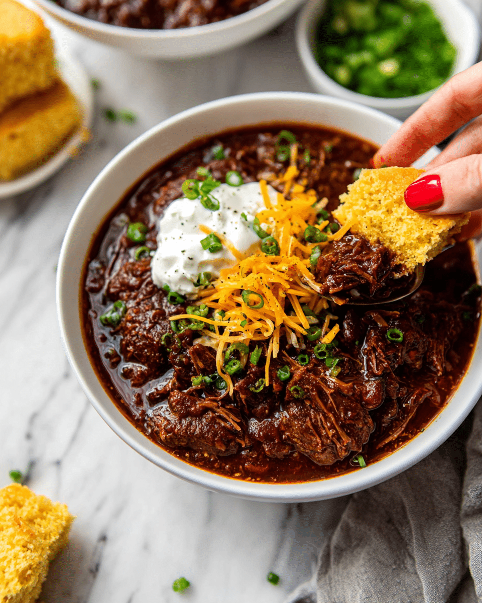 A white bowl filled with dark brown chili that has visible chunks of tender meat throughout, topped with a small mound of shredded orange cheddar cheese and a dollop of white sour cream. Sprinkled green chopped scallions spread lightly over the chili and the sour cream, adding a fresh contrast. A woman's hand with red nail polish is holding a piece of yellow, crumbly cornbread close to the bowl’s edge. The bowl sits on a white marbled surface with another bowl of chopped scallions nearby and a couple of whole cornbreads blurred in the background. photo taken with an iphone --ar 4:5 --v 7