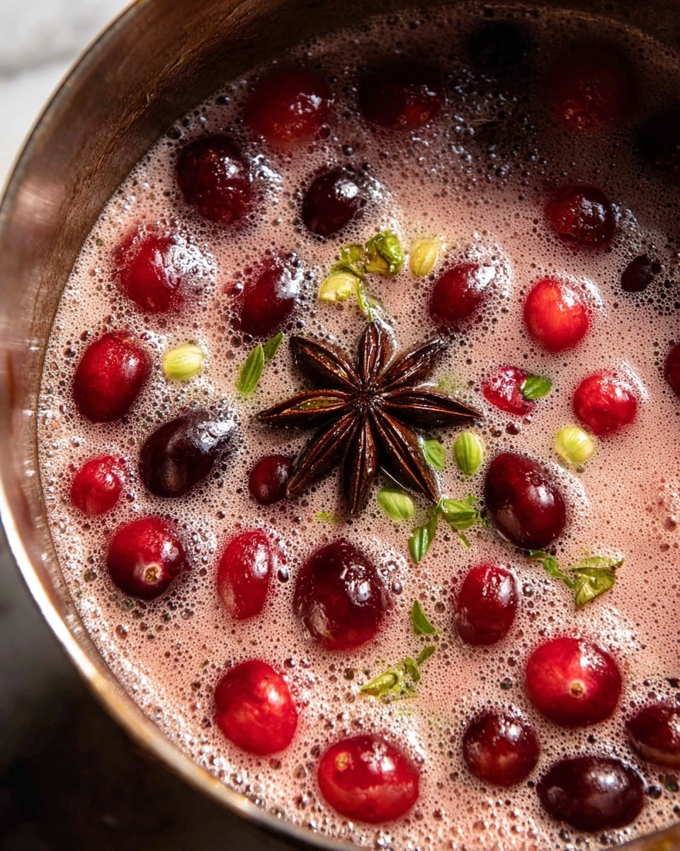 A close-up view of a pot filled with a foamy, bubbling mixture containing whole and slightly crushed red cranberries, floating fresh green herb sprigs, and a single dark brown star anise in the center. The liquid has a light pinkish-brown color with frothy bubbles on the surface, giving a rich and textured look. The pot’s edge is visible with a slightly worn and used metallic finish. The background consists of a white marbled texture. photo taken with an iphone --ar 4:5 --v 7