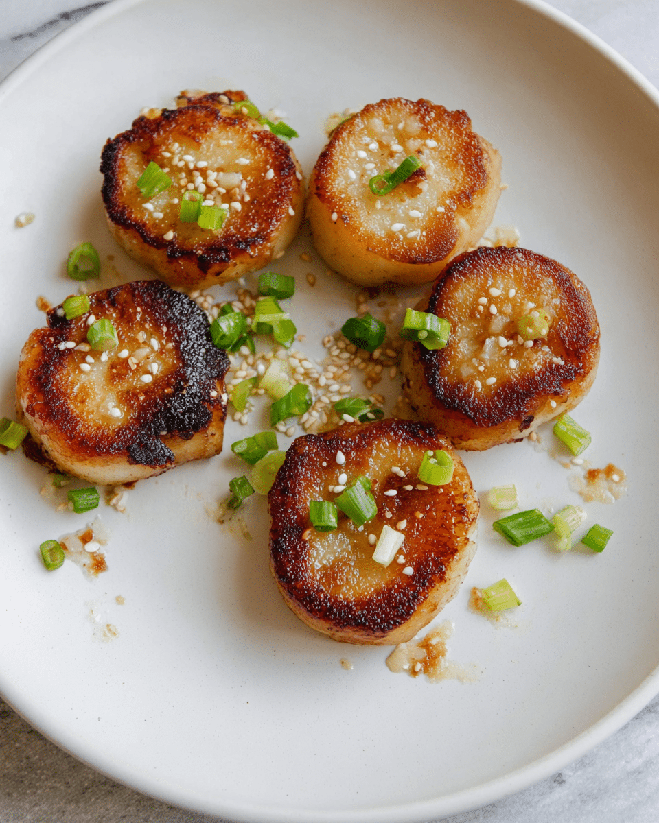 Five pieces of round, golden-brown pan-seared food items are placed on a white plate, each with a crispy outer layer and slightly browned edges. The pieces are topped with small bits of chopped green onions and white sesame seeds scattered on and around them. The plate sits on a white marbled texture surface, giving a clean and simple look. photo taken with an iphone --ar 4:5 --v 7
