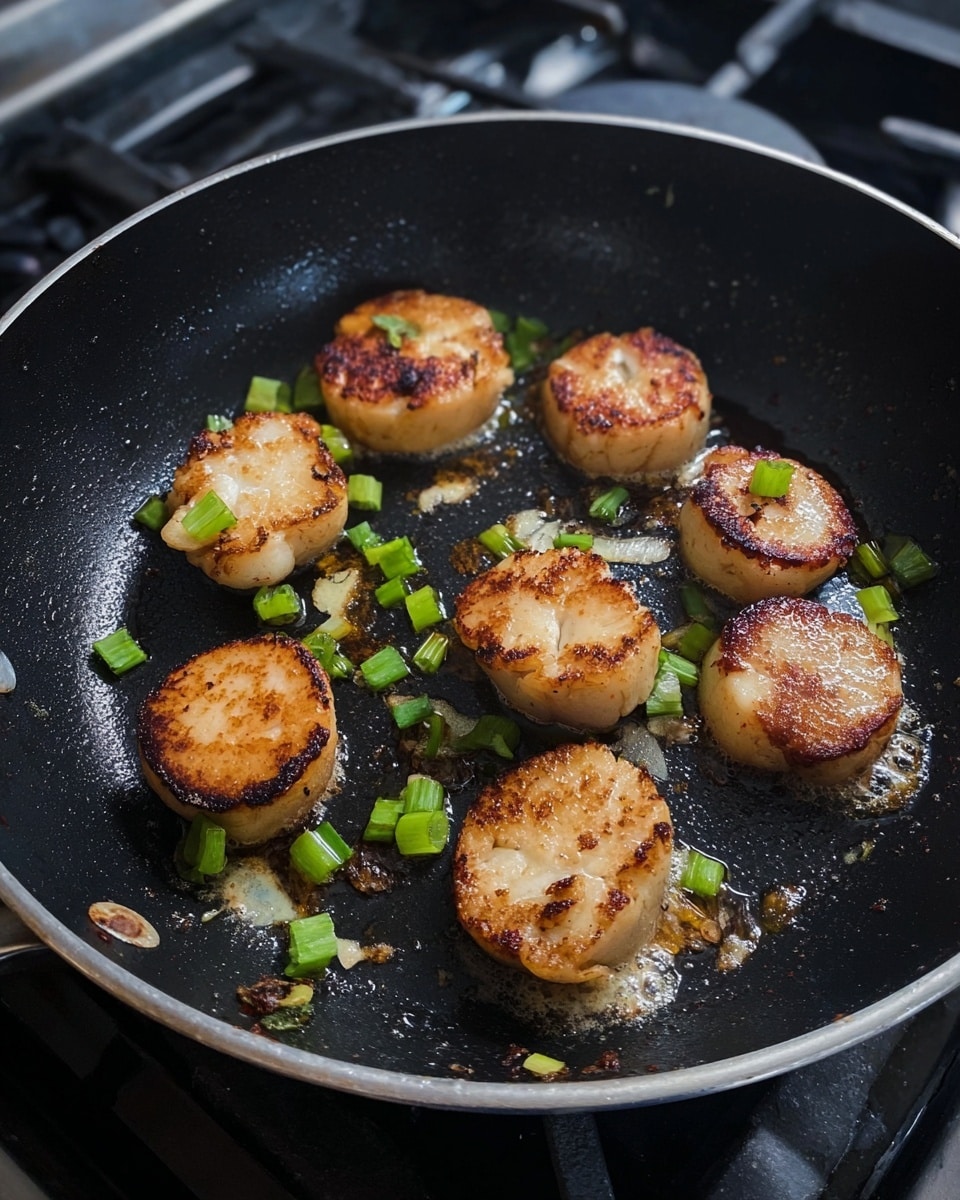 The image shows a black non-stick frying pan on a gas stove, with several round pieces of food being cooked. These pieces are golden brown with some darker char marks on the surface, indicating they are being pan-fried. Small chopped green onions are scattered on top and around the pieces, adding a fresh green color contrast to the warm browns of the food. The frying pan has some oil or butter sizzling around the pieces, giving a shiny texture near the edges. The photo is taken from above, capturing the pan fully in the frame with the stove's burners visible around the pan edges. photo taken with an iphone --ar 4:5 --v 7