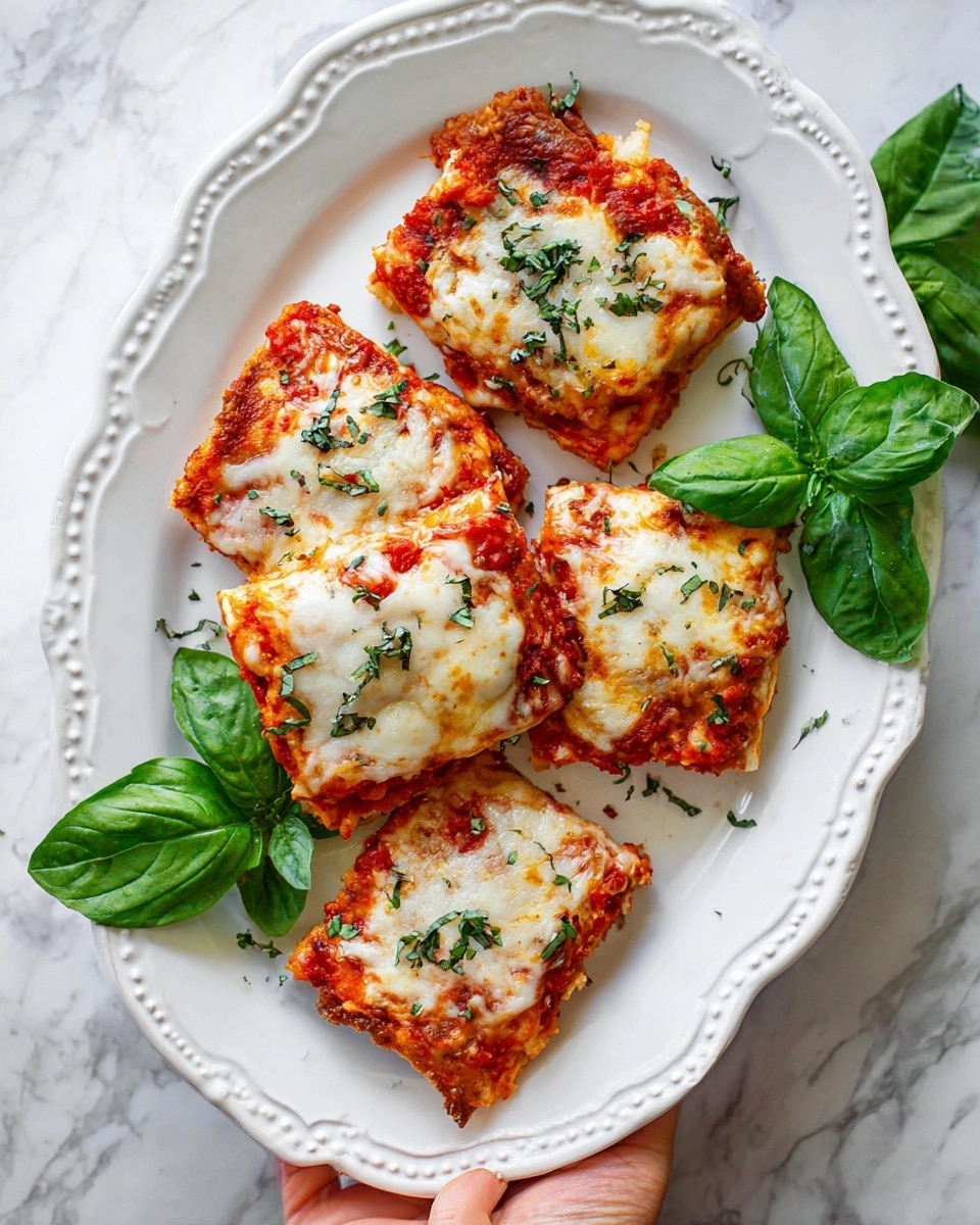 Five pieces of a baked dish are arranged on a large white plate with a wavy border. Each piece has three visible layers: a golden-brown crispy base, a middle layer of bright red tomato sauce, and a top layer of melted white cheese sprinkled with green herbs. Fresh green basil leaves are scattered around and on top of the pieces. A woman's hand is holding the plate from the right side, and the plate sits on a white marbled surface. photo taken with an iphone --ar 4:5 --v 7
