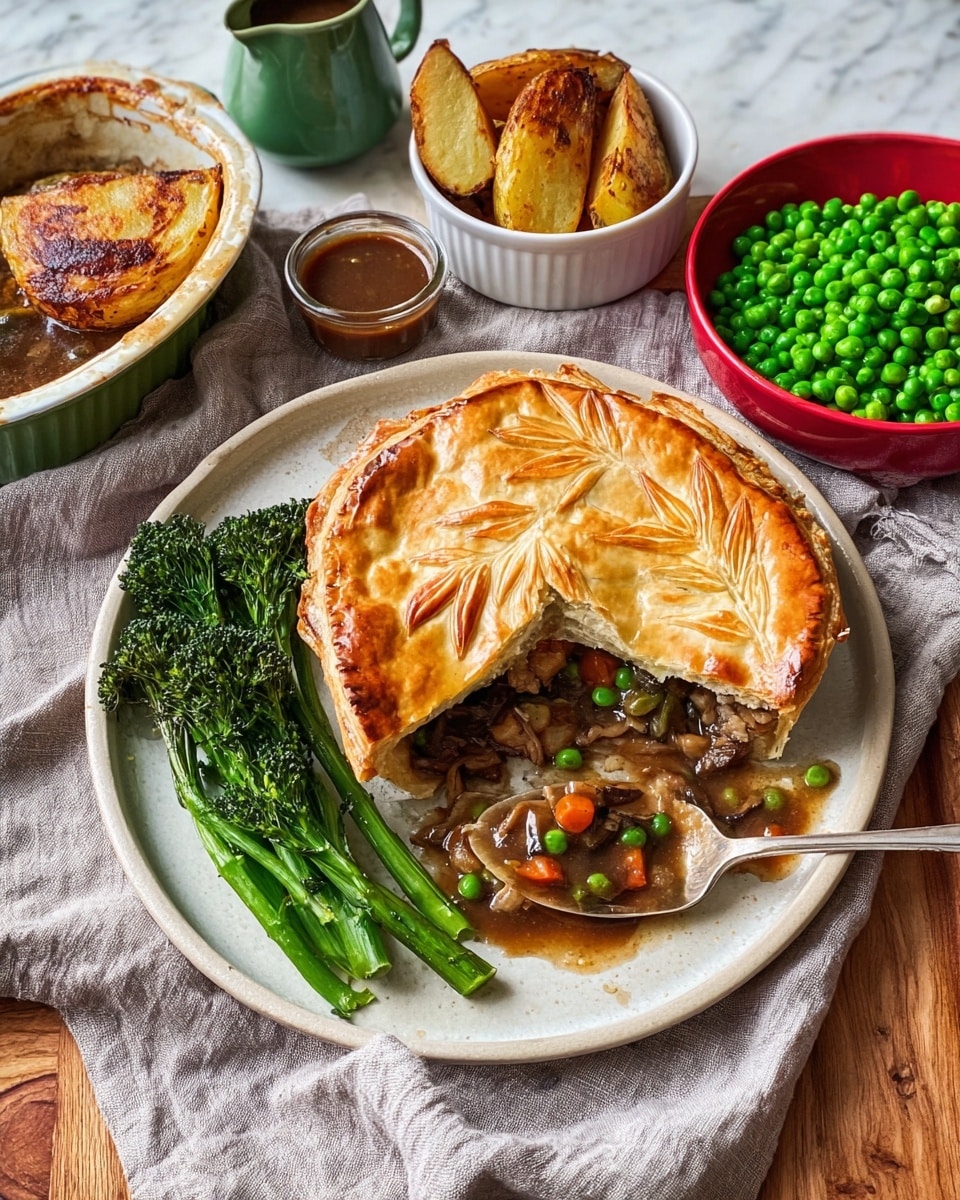 A white plate holds a serving of a pie with a golden-brown top crust decorated with a leaf pattern, the bottom layer showing a thick stew with chunks of meat, peas, and carrots in a brown sauce, topped with glossy brown gravy; beside the pie are three roasted potato wedges with a browned, crisp surface and several bright green broccolini stalks with a slight char. Nearby, a red bowl is filled with vibrant green peas, a white bowl contains more broccolini, and a white dish holds more roasted potato wedges. The pie dish with a missing slice reveals the pie filling inside, with a silver spoon resting in it. Everything is set on a light gray fabric on a wooden table, and a green jug with brown sauce sits at the top left. The background is a white marbled texture. Photo taken with an iphone --ar 4:5 --v 7